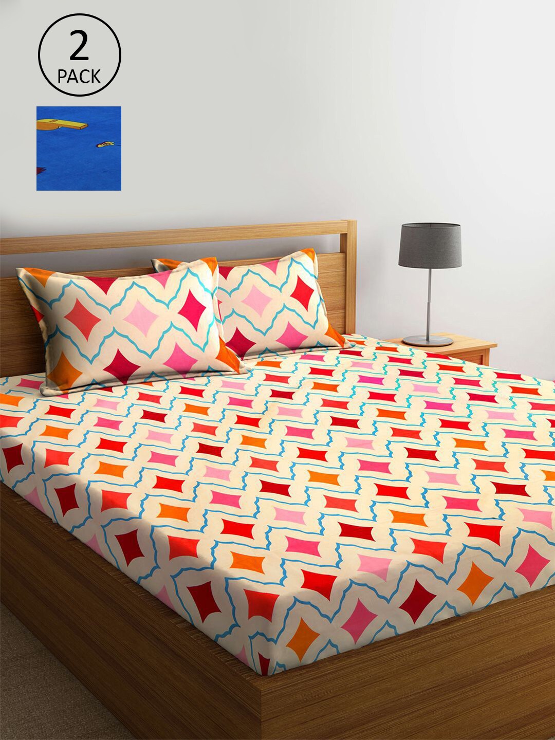 

KLOTTHE Blue & Peach-Coloured Geometric 210 TC 2 King Bedsheet with 4 Pillow Covers