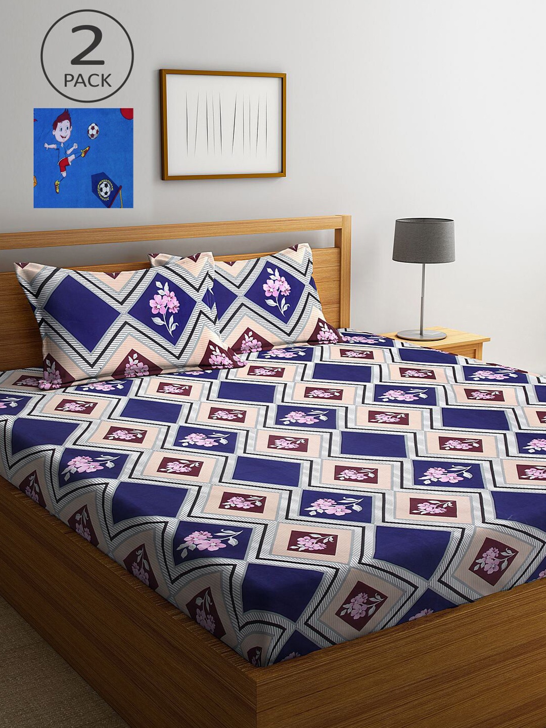 

KLOTTHE Blue & Beige Floral 210 TC 2 King Bedsheet with 4 Pillow Covers