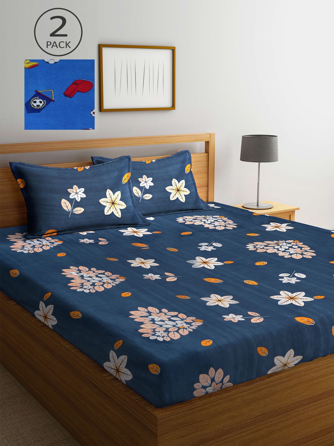 

KLOTTHE Blue & White Floral 210 TC 2 King Bedsheets with 4 Pillow Covers