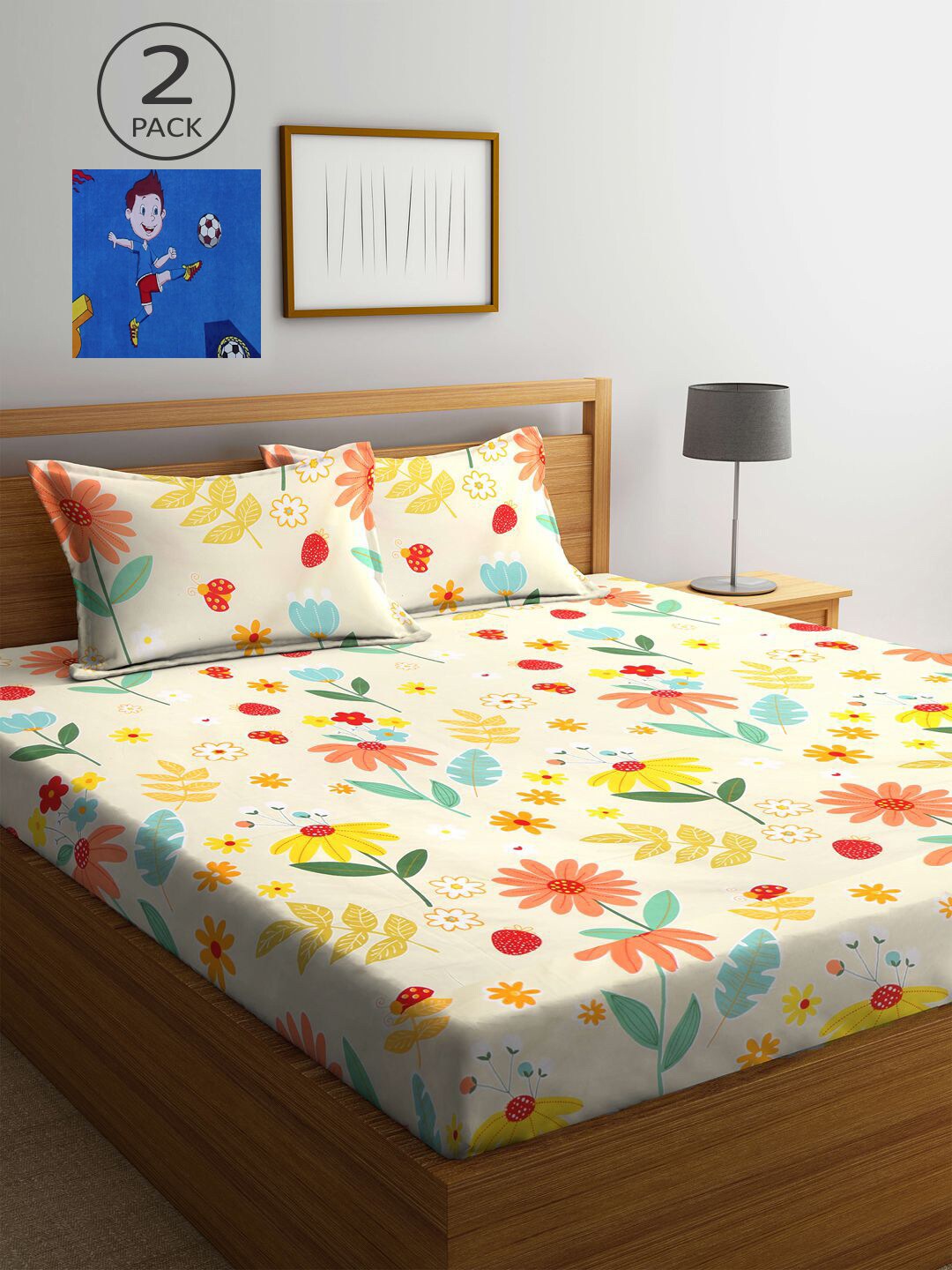 

KLOTTHE Blue & Cream-Coloured Floral 210 TC 2 King Bedsheets with 4 Pillow Covers