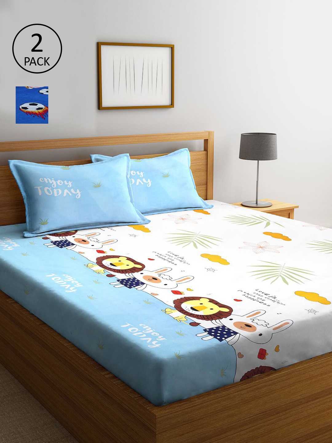 

KLOTTHE White & Blue Cartoon Characters 210 TC 2 King Bedsheet with 4 Pillow Covers