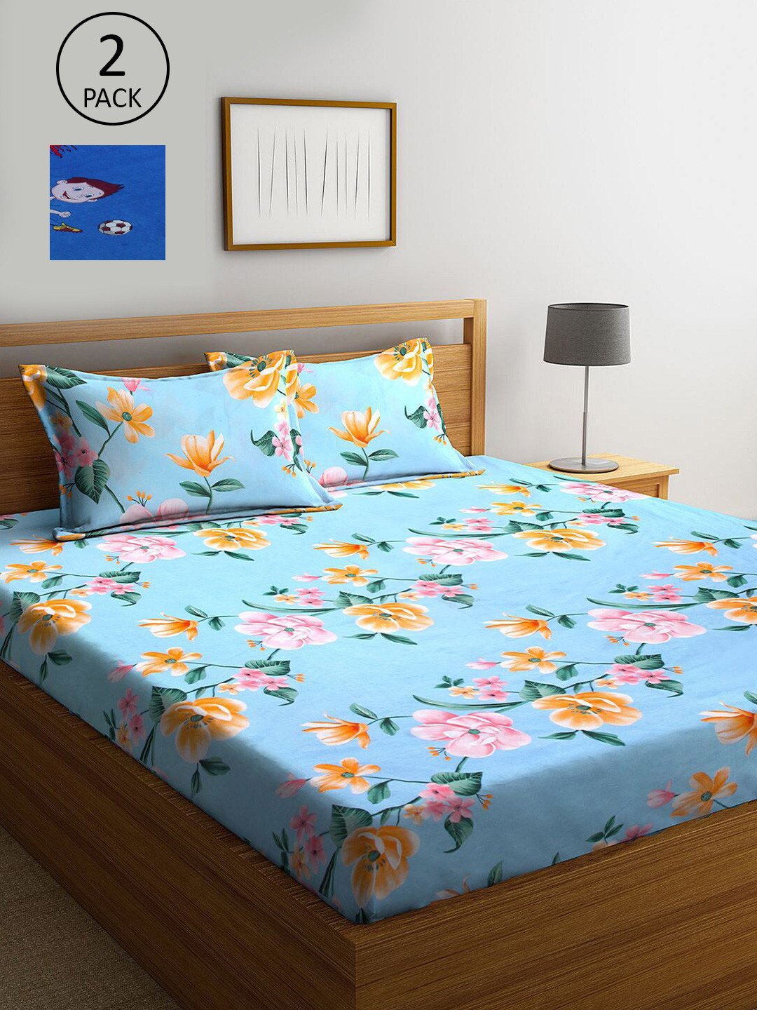 

KLOTTHE Blue & Navy Blue Floral 210 TC 2 King Bedsheet with 4 Pillow Covers