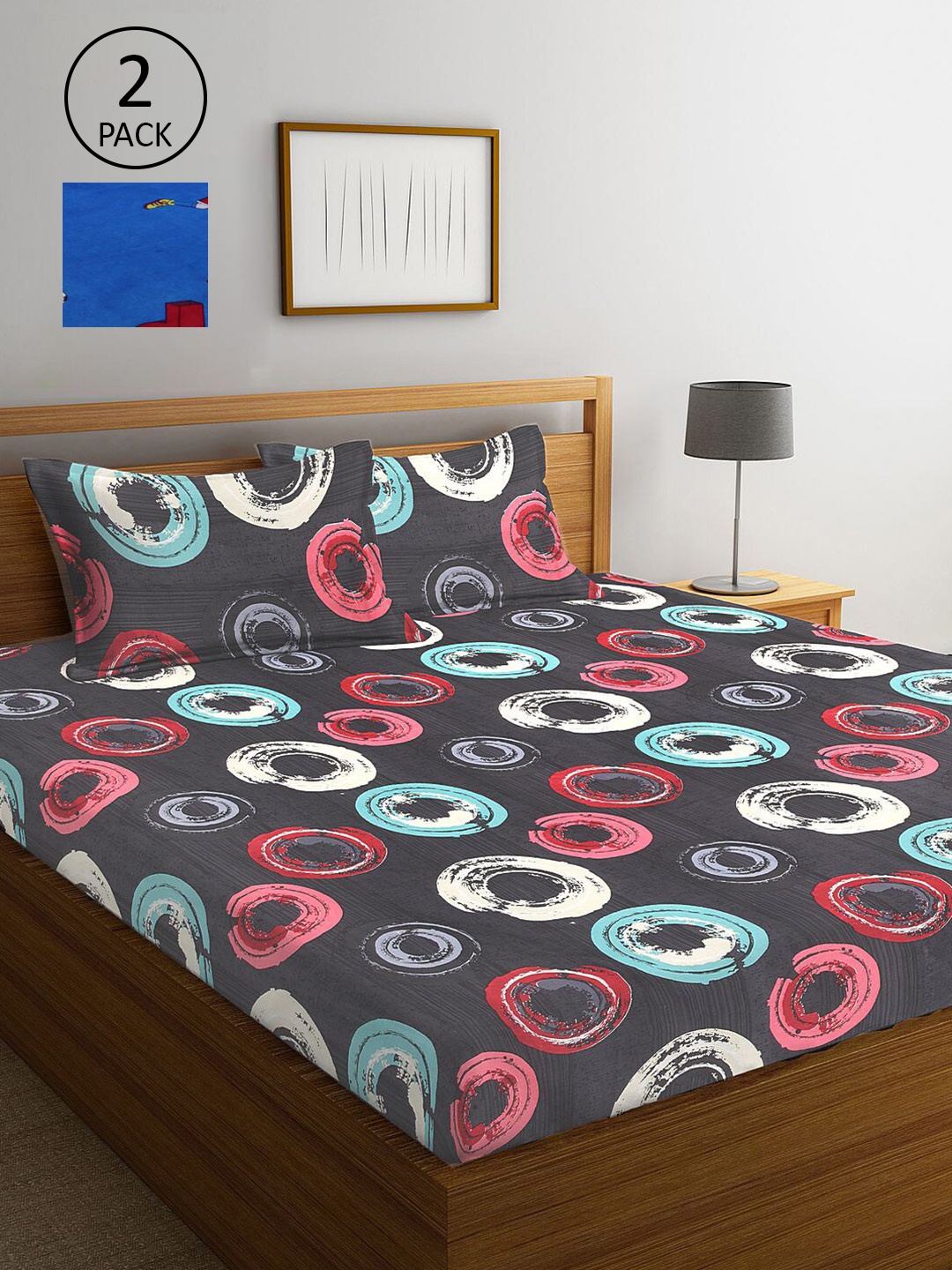 

KLOTTHE Grey & Blue Geometric 210 TC 2 King Bedsheets with 4 Pillow Covers