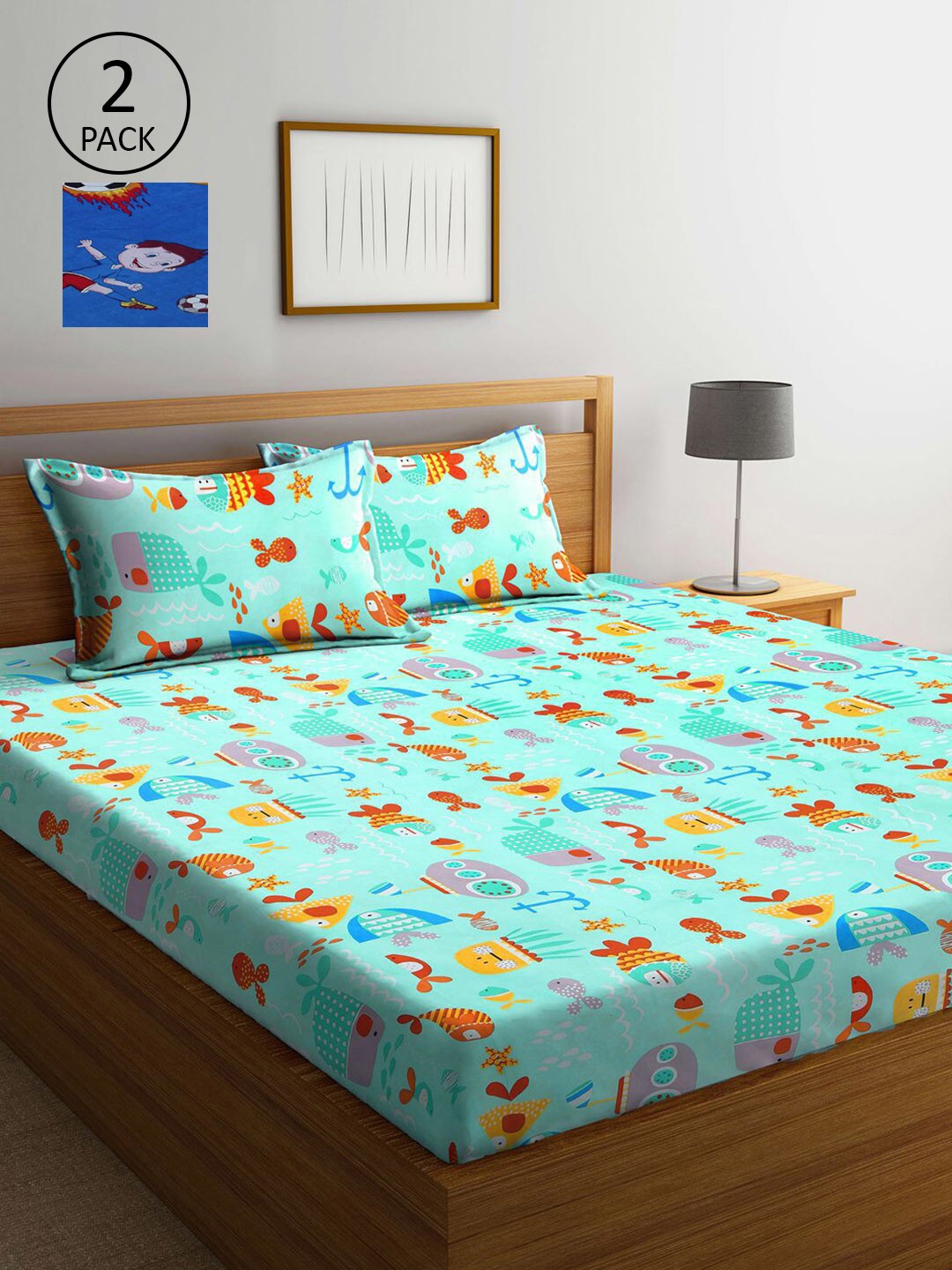 

KLOTTHE Blue & Turquoise Blue Cartoon Characters 210 TC 2 King Bedsheet with 4 Pillow Covers