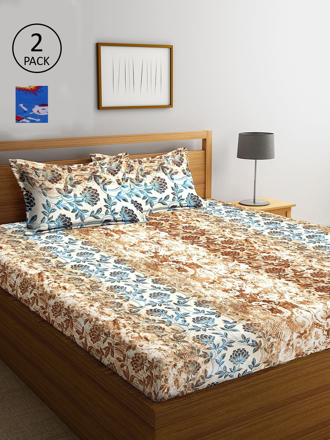 

KLOTTHE Blue & Brown Floral 210 TC 2 King Bedsheets with 4 Pillow Covers