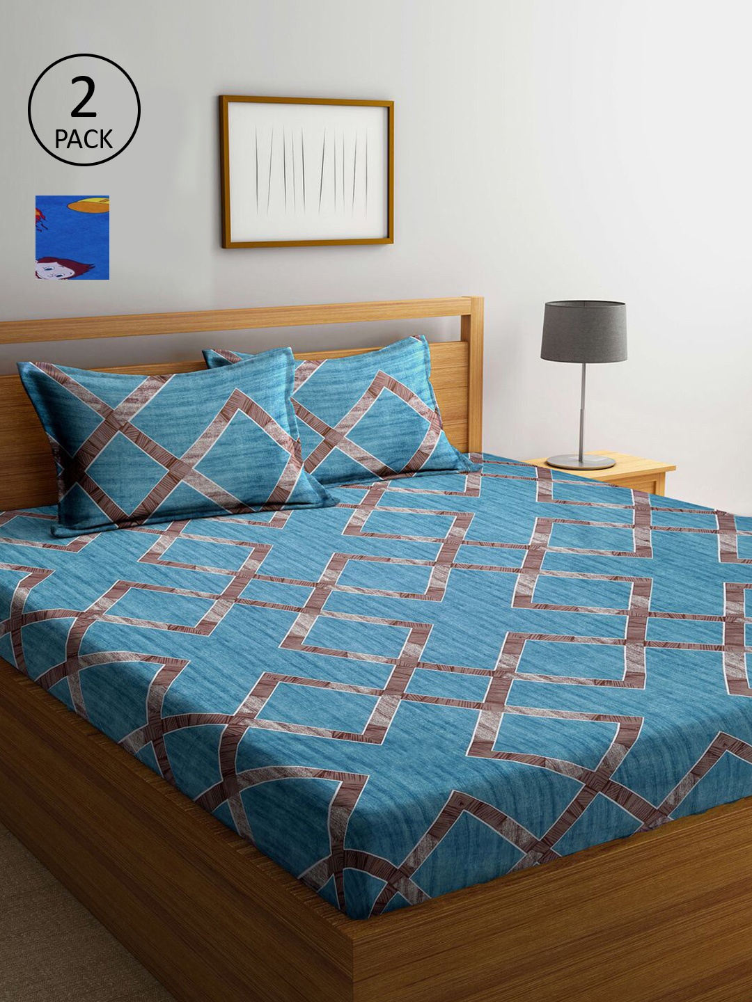 

KLOTTHE Blue Cartoon Print & Brown Geometric 210 TC 2 King Bedsheet with 4 Pillow Covers