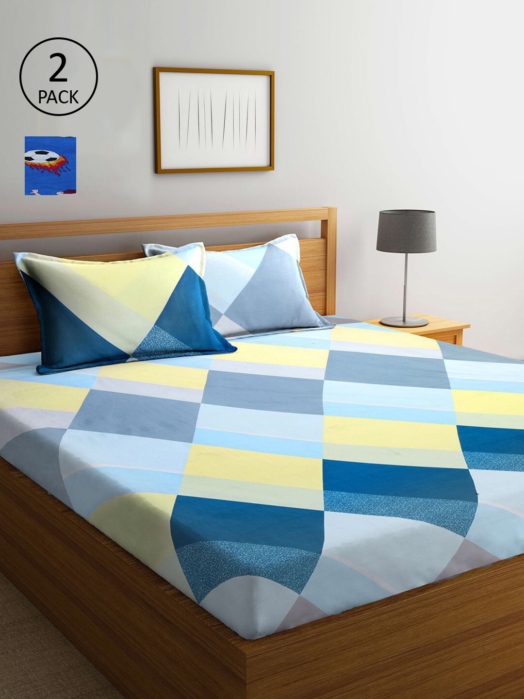 

KLOTTHE Blue & Multicoloured Geometric 210 TC 2 King Bedsheet with 4 Pillow Covers