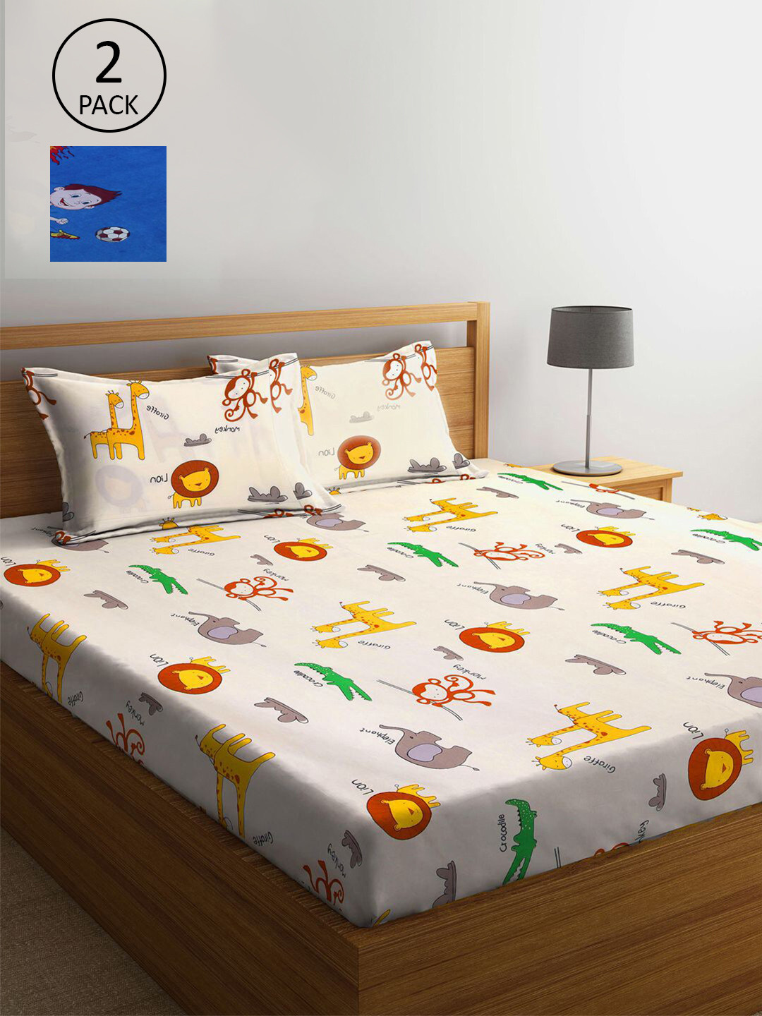 

KLOTTHE Blue & Cream-Coloured Cartoon Characters 210 TC 2 King Bedsheet with 4 Pillow Covers
