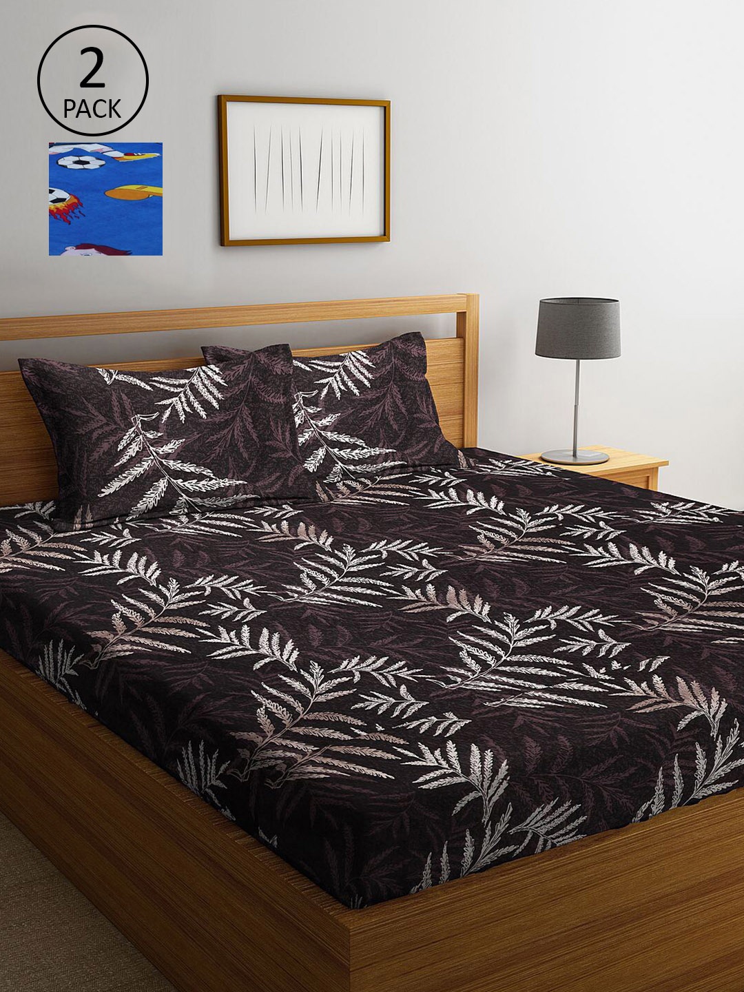 

KLOTTHE Blue & Coffee Brown Floral 210 TC 2 King Bedsheet with 4 Pillow Covers