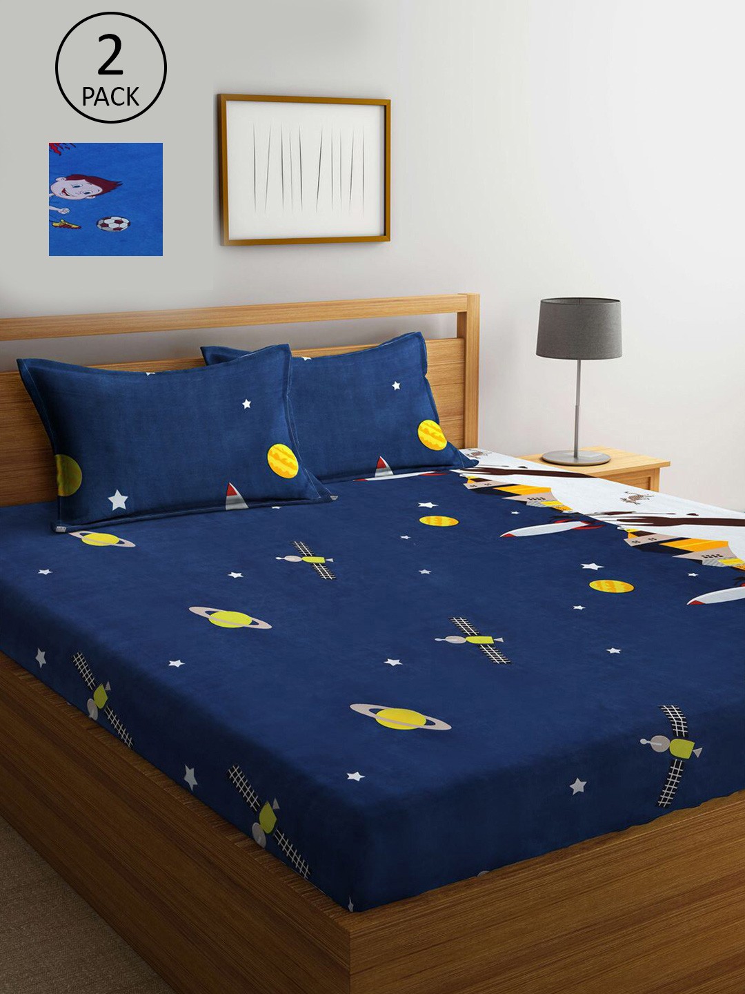 

KLOTTHE Blue Cartoon Characters 210 TC 2 King Bedsheets with 4 Pillow Covers
