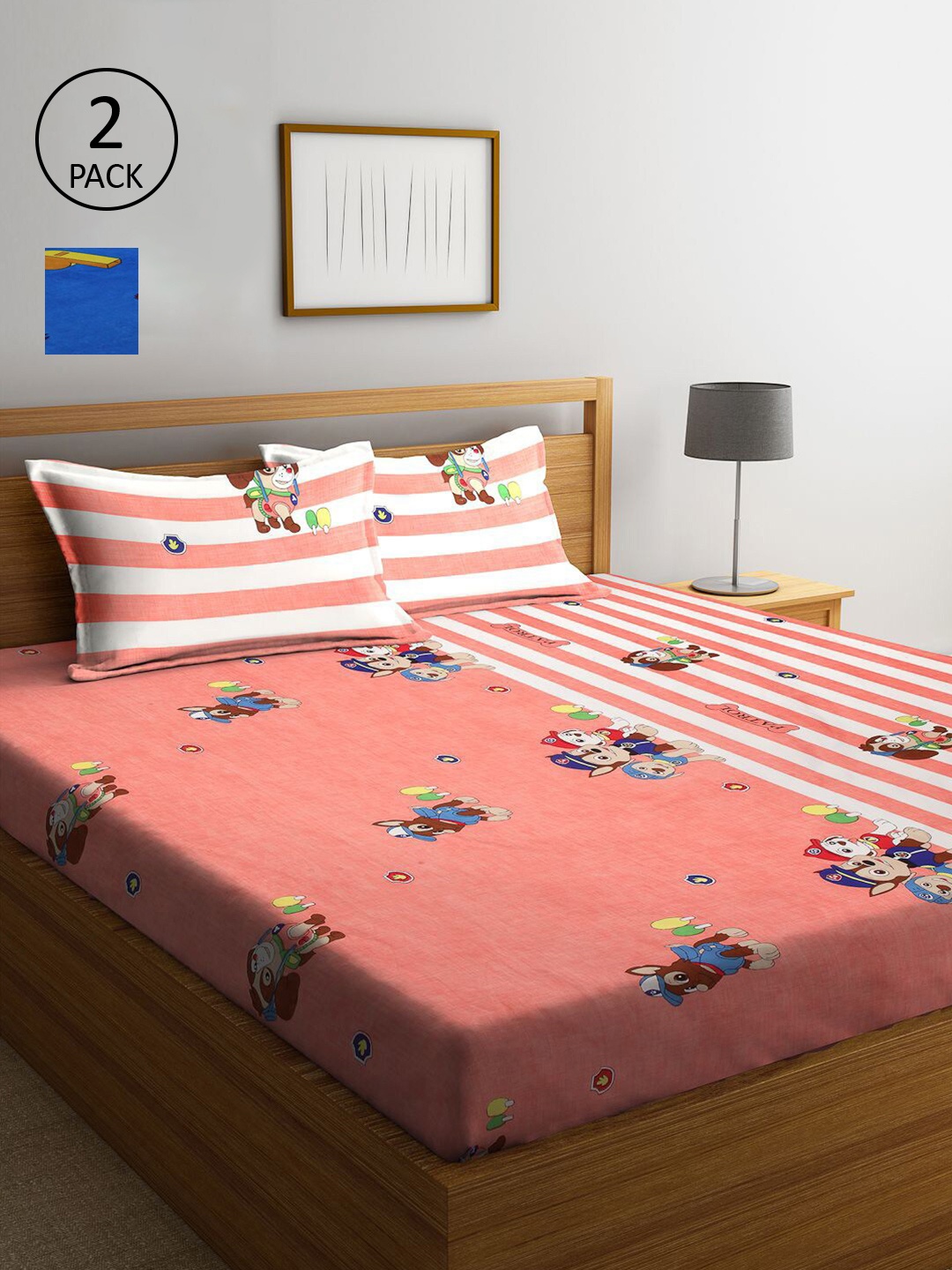 

KLOTTHE Peach-Coloured & Blue Cartoon Characters 210 TC 2 King Bedsheet with 4 Pillow Covers