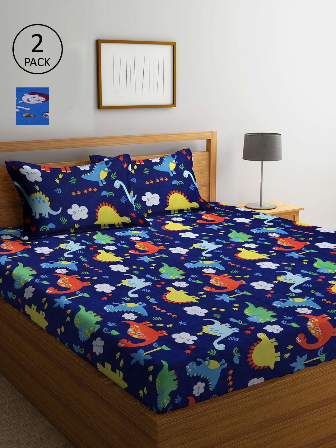 

KLOTTHE Blue Cartoon Characters 210 TC 2 King Bedsheets with 4 Pillow Covers