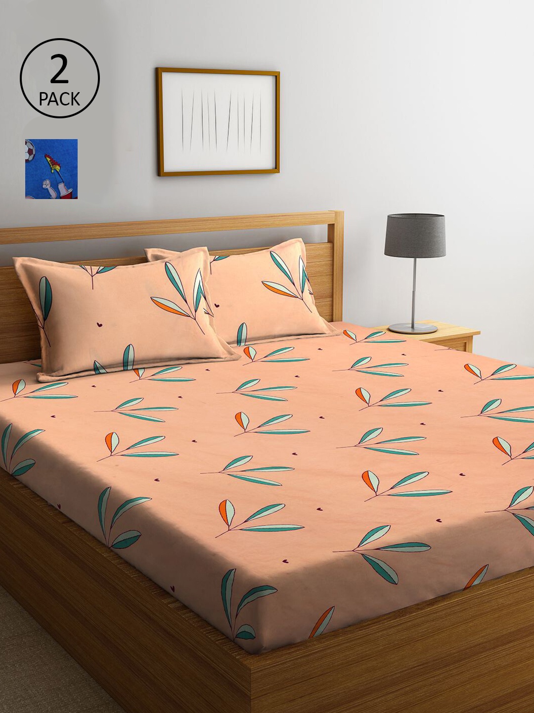

KLOTTHE Blue & Peach-Coloured Printed 210 TC 2 King Bedsheets with 4 Pillow Covers