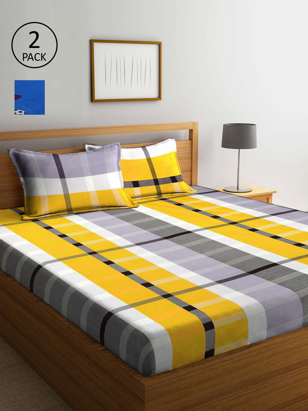 

KLOTTHE Blue & Yellow Geometric 210 TC 2 King Bedsheet with 4 Pillow Covers