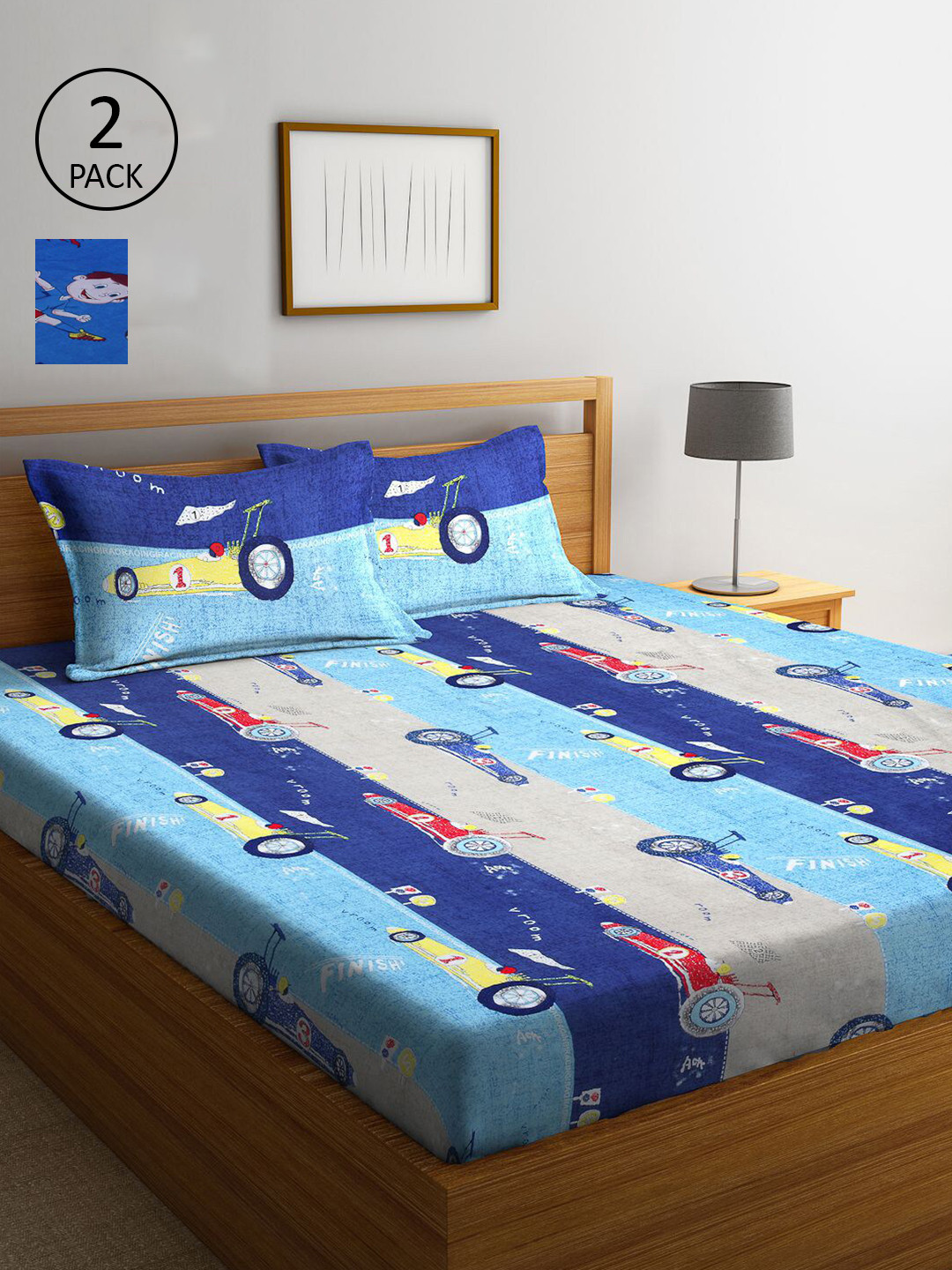 

KLOTTHE Blue & Multicoloured Cartoon Characters 210 TC 2 King Bedsheet with 4 Pillow Covers