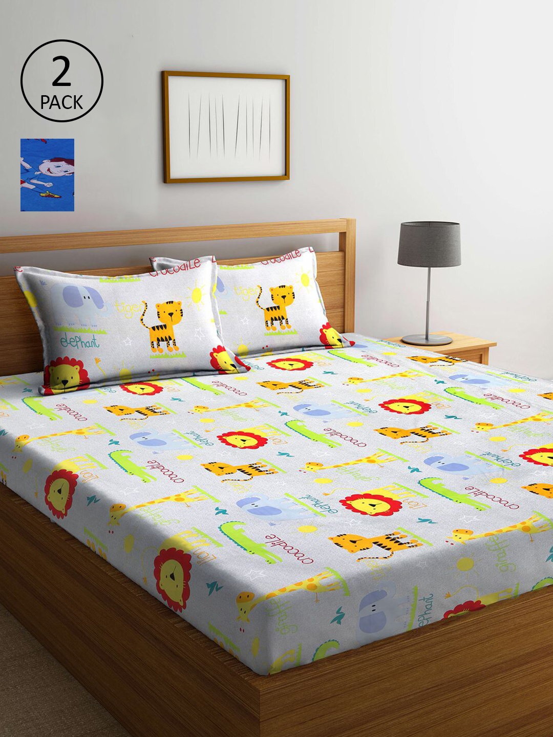 

KLOTTHE Grey & Blue Cartoon Characters 210 TC 2 King Bedsheets with 4 Pillow Covers