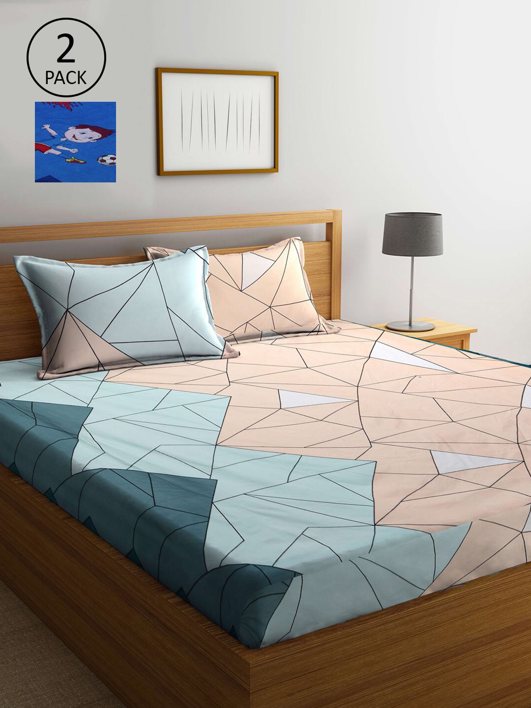 

KLOTTHE Blue & Peach-Coloured Geometric 210 TC 2 King Bedsheet with 4 Pillow Covers