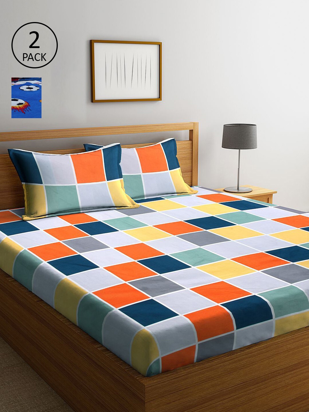 

KLOTTHE Blue & Multicoloured Printed 210 TC 2 King Bedsheets with 4 Pillow Covers