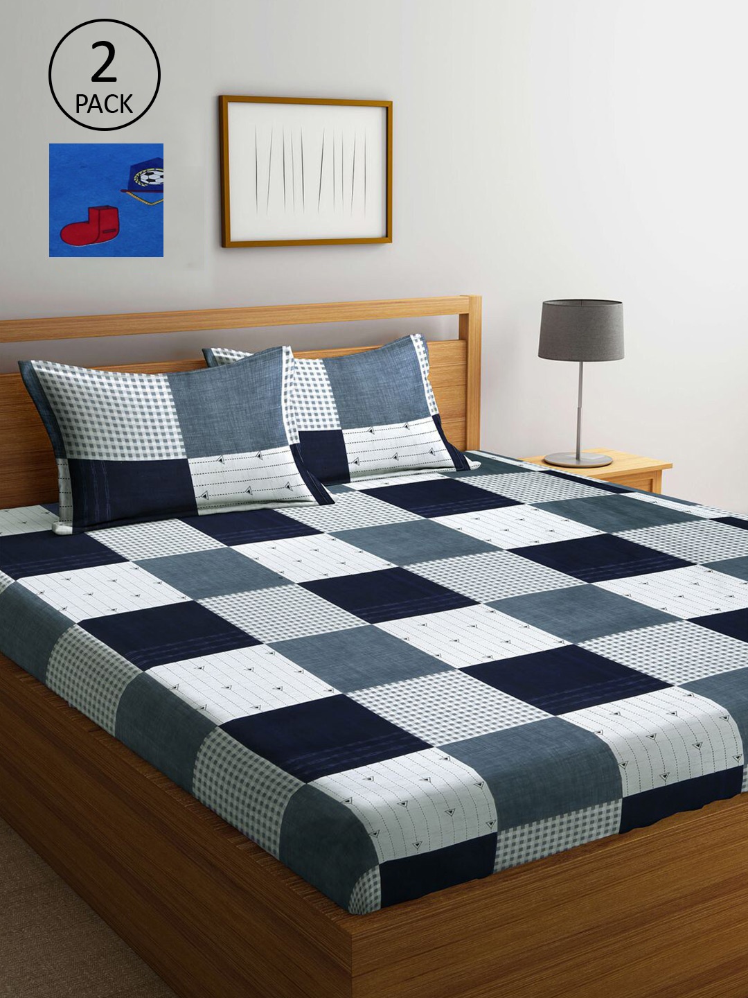 

KLOTTHE Blue & White Geometric 210 TC 2 King Bedsheet with 4 Pillow Covers