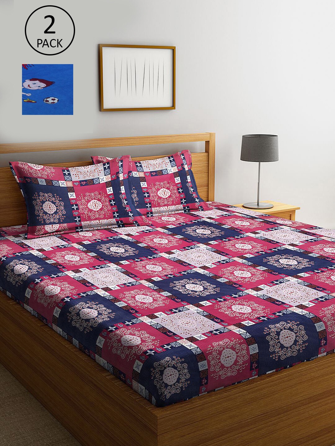 

KLOTTHE Blue & Magenta Geometric 210 TC 2 King Bedsheet with 4 Pillow Covers