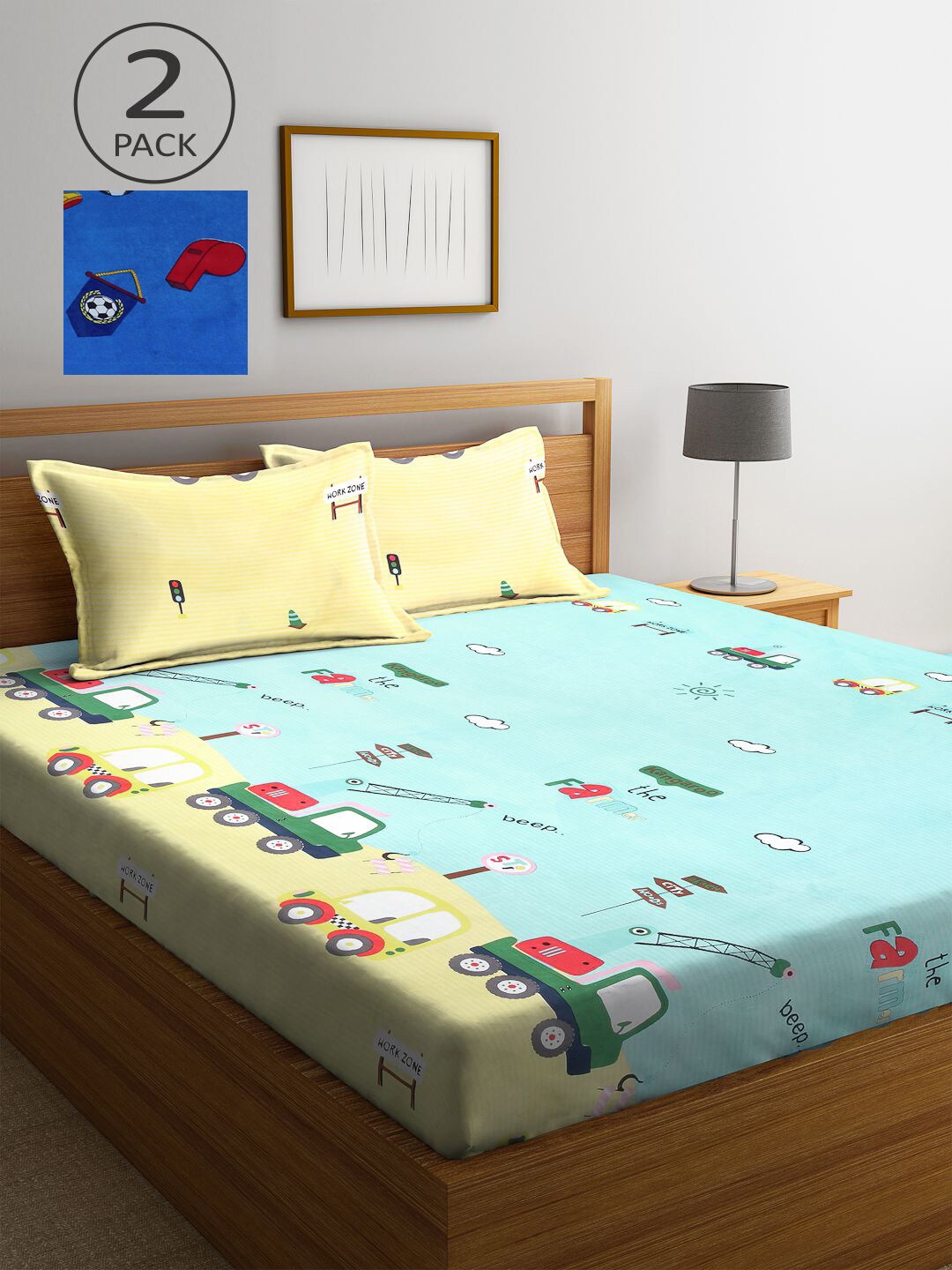

KLOTTHE Blue & Green Cartoon Characters 210 TC 2 King Bedsheets with 4 Pillow Covers