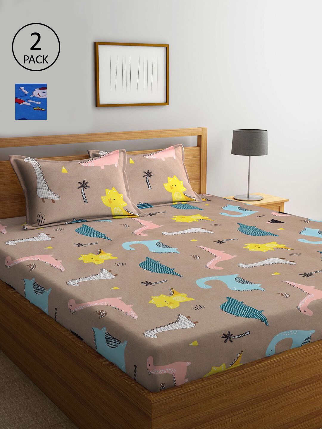 

KLOTTHE Brown & Blue Cartoon Characters 210 TC 2 King Bedsheet with 4 Pillow Covers