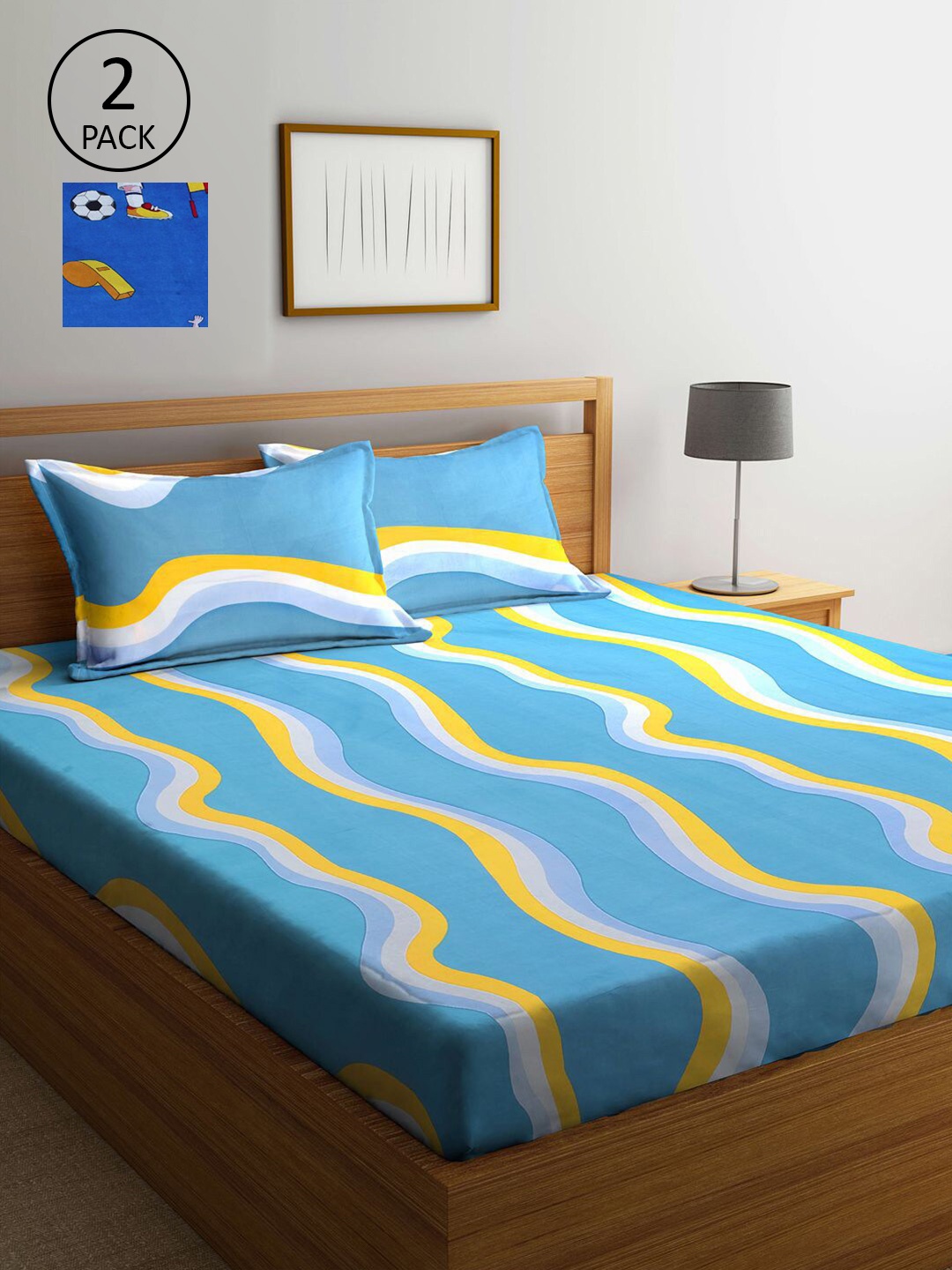 

KLOTTHE Blue & Yellow Printed 210 TC 2 King Bedsheets with 4 Pillow Covers