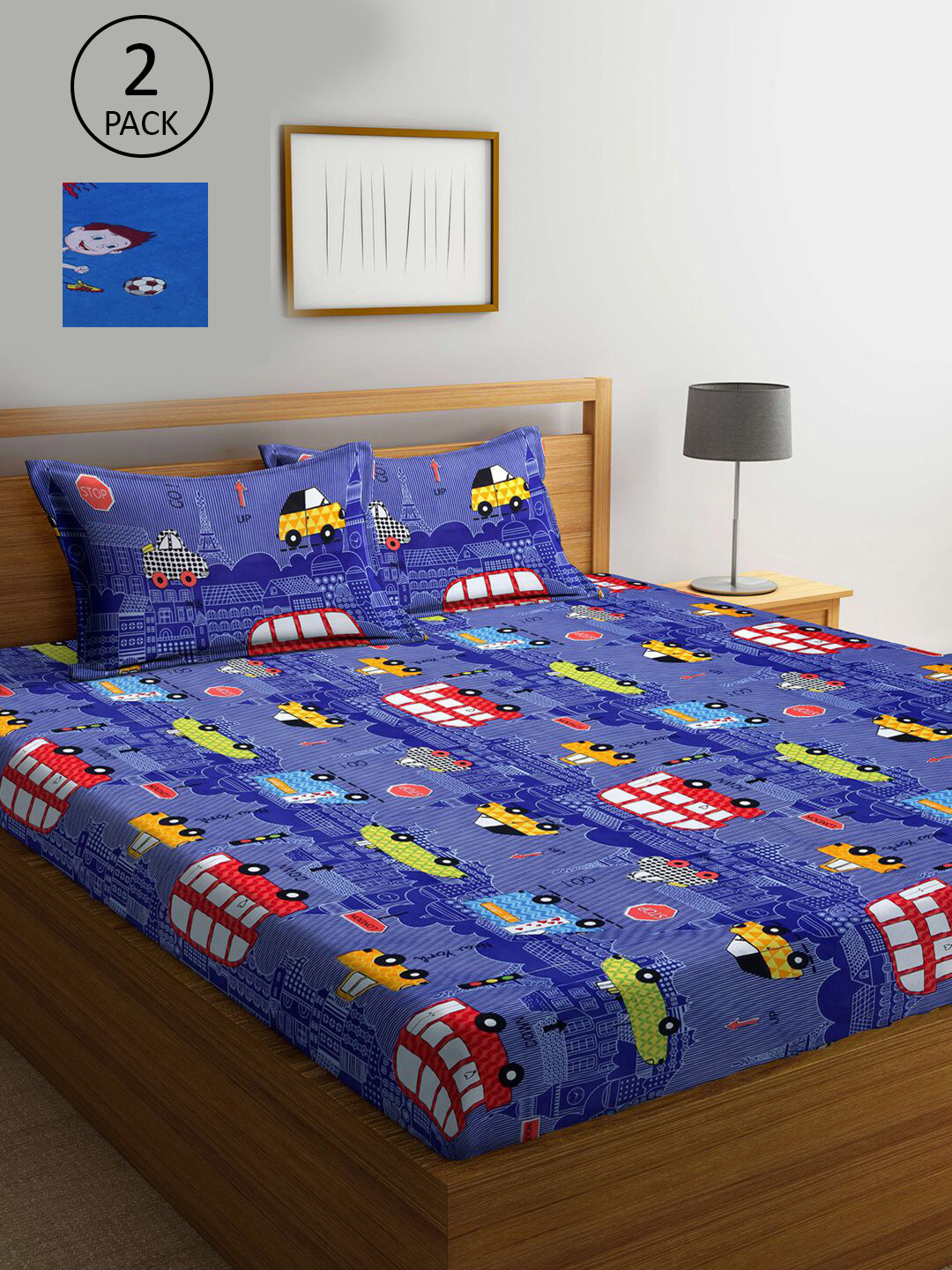 

KLOTTHE Blue & Multicoloured Geometric 210 TC 2 King Bedsheet with 4 Pillow Covers