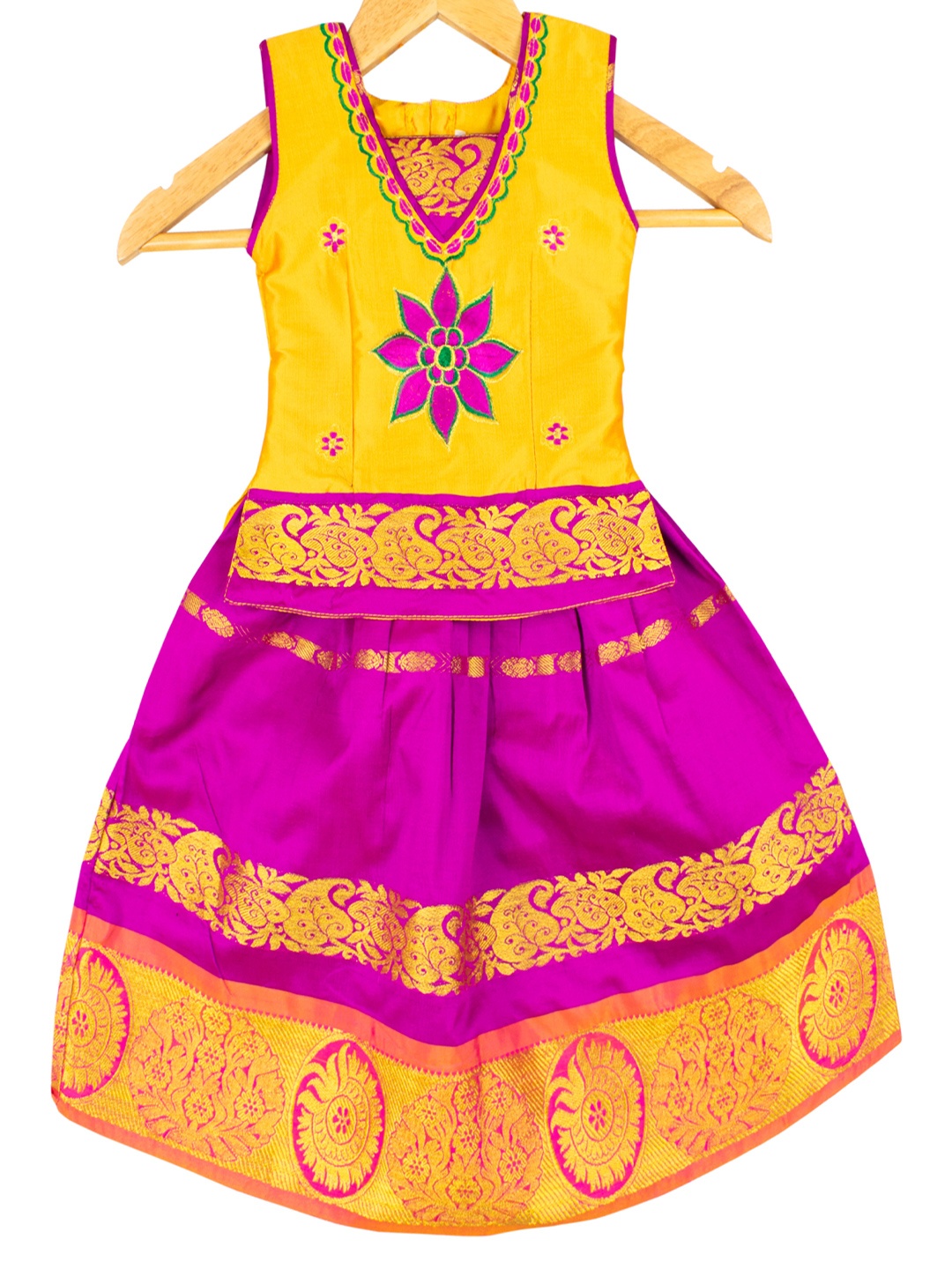 

AMIRTHA FASHION Girls Gold-Toned & Pink Embroidered Ready to Wear Lehenga