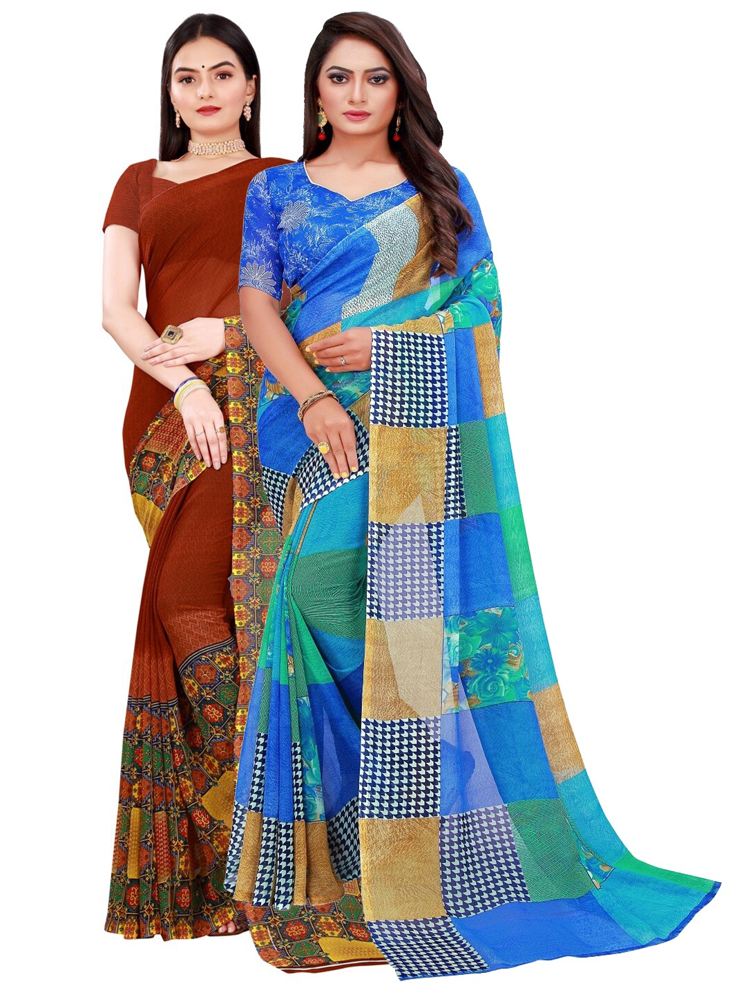 

Florence Brown & Blue Pack Of 2 Pure Georgette Sarees