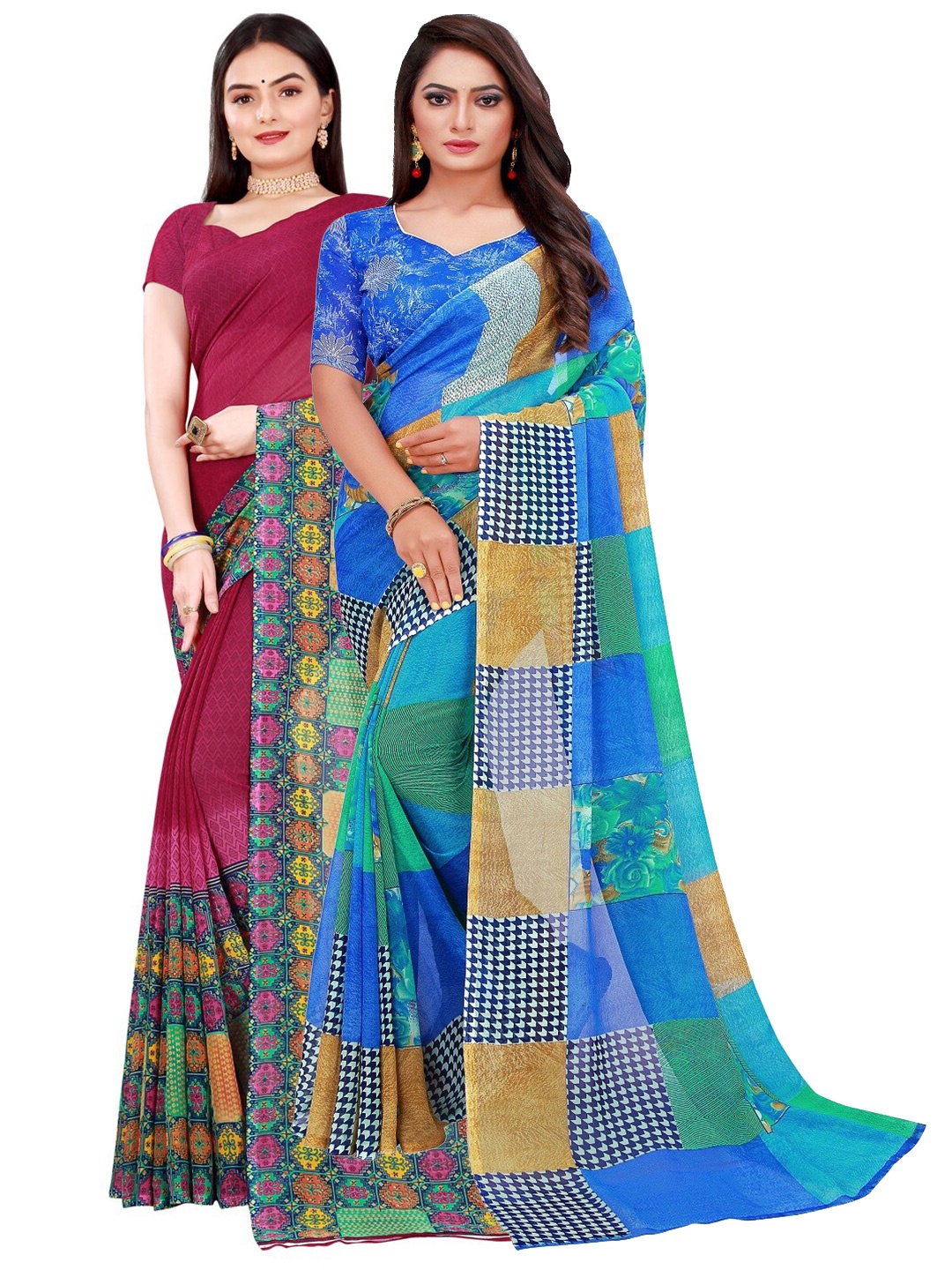 

Florence Maroon & Blue Pack Of 2 Pure Georgette Sarees