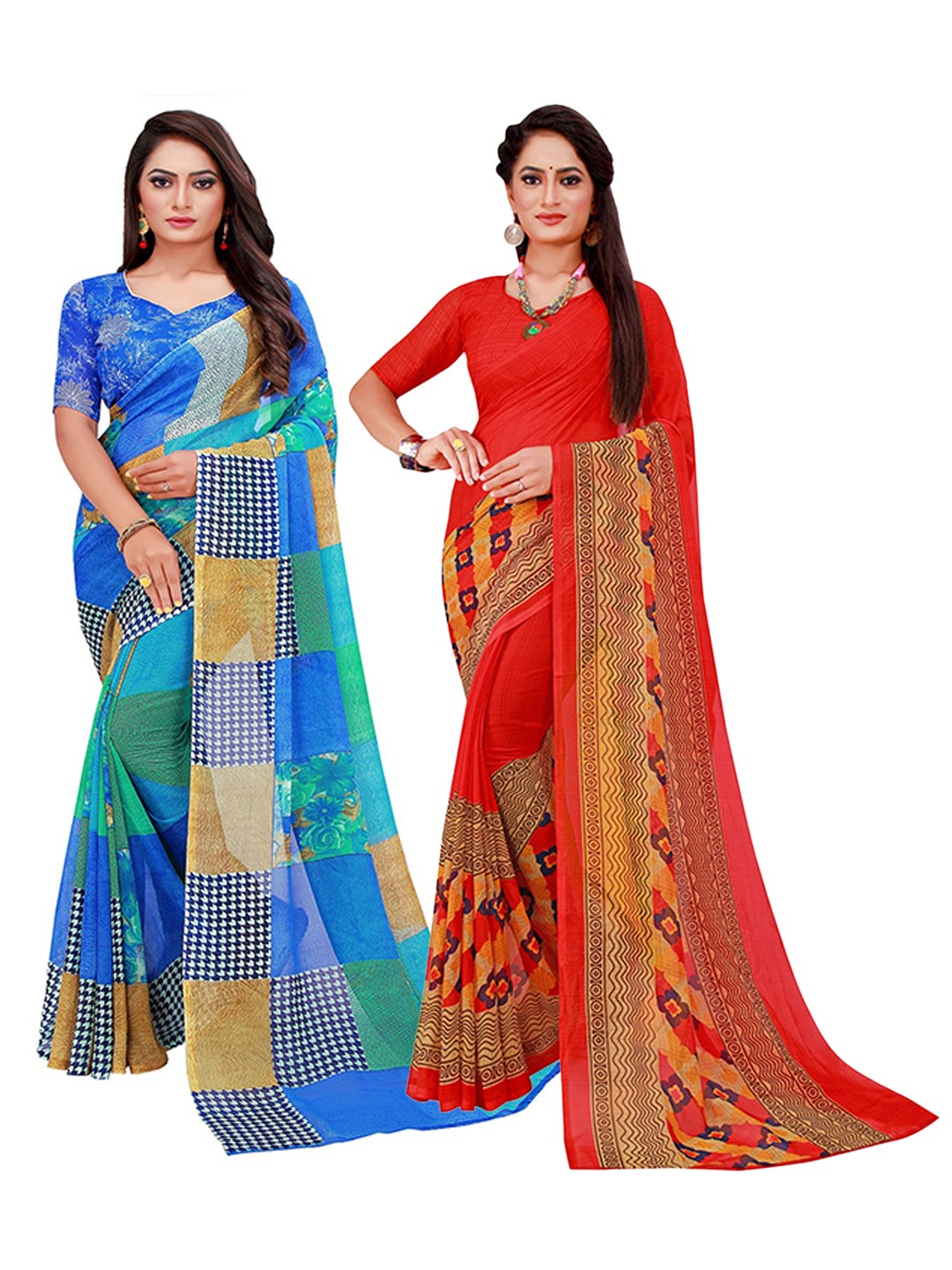 

Florence Red & Blue Pack Of 2 Pure Georgette Sarees