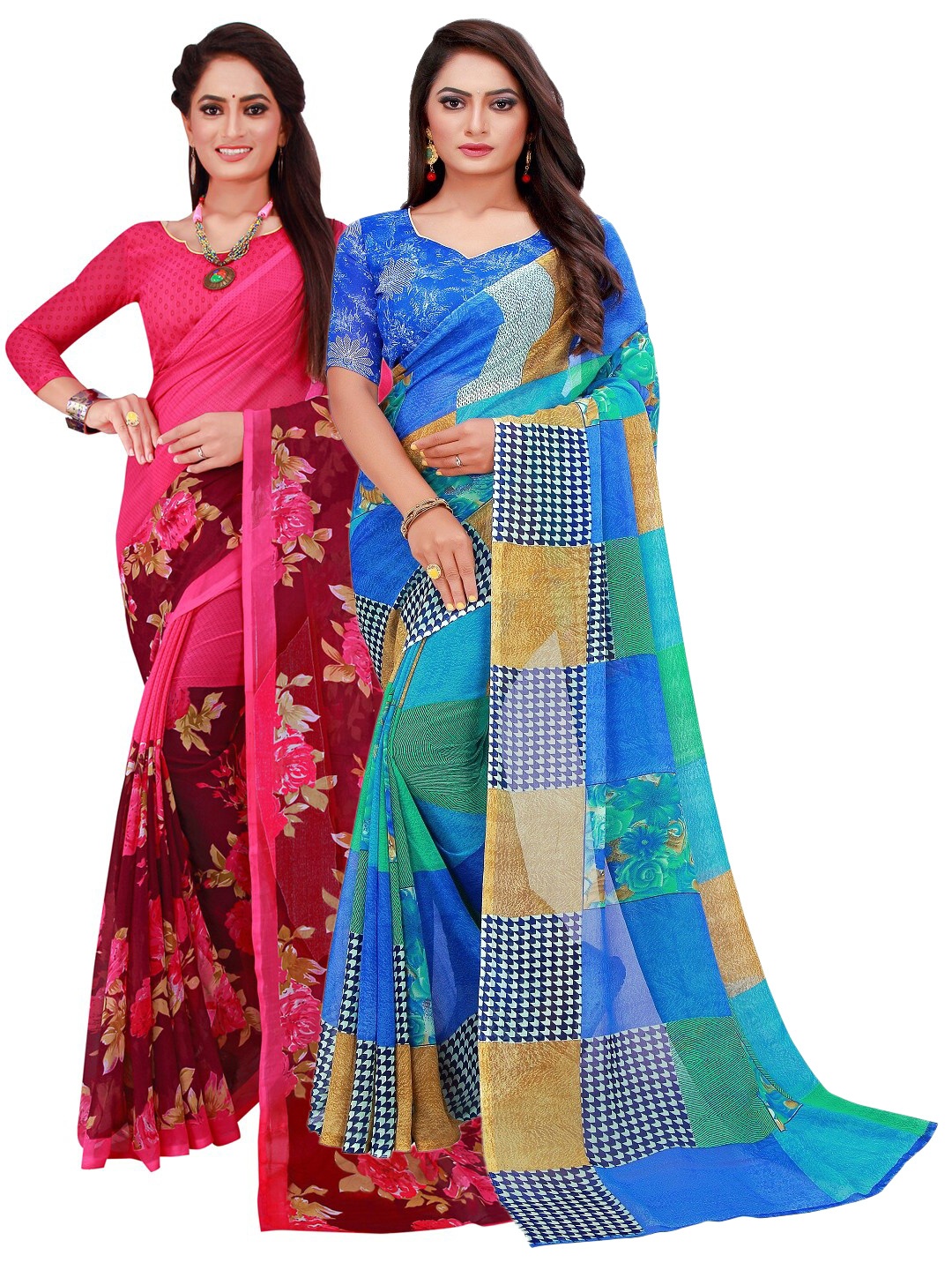 

Florence Blue & Pink Floral Pack of 2 Pure Georgette Saree