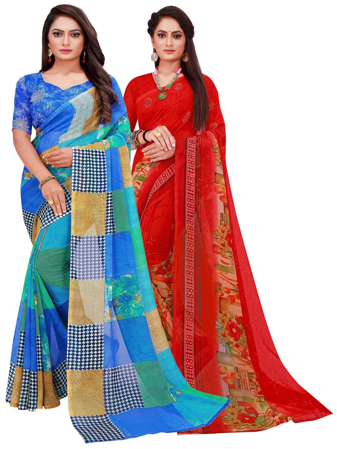 

Florence Red & Blue Pack Of 2 Pure Georgette Sarees