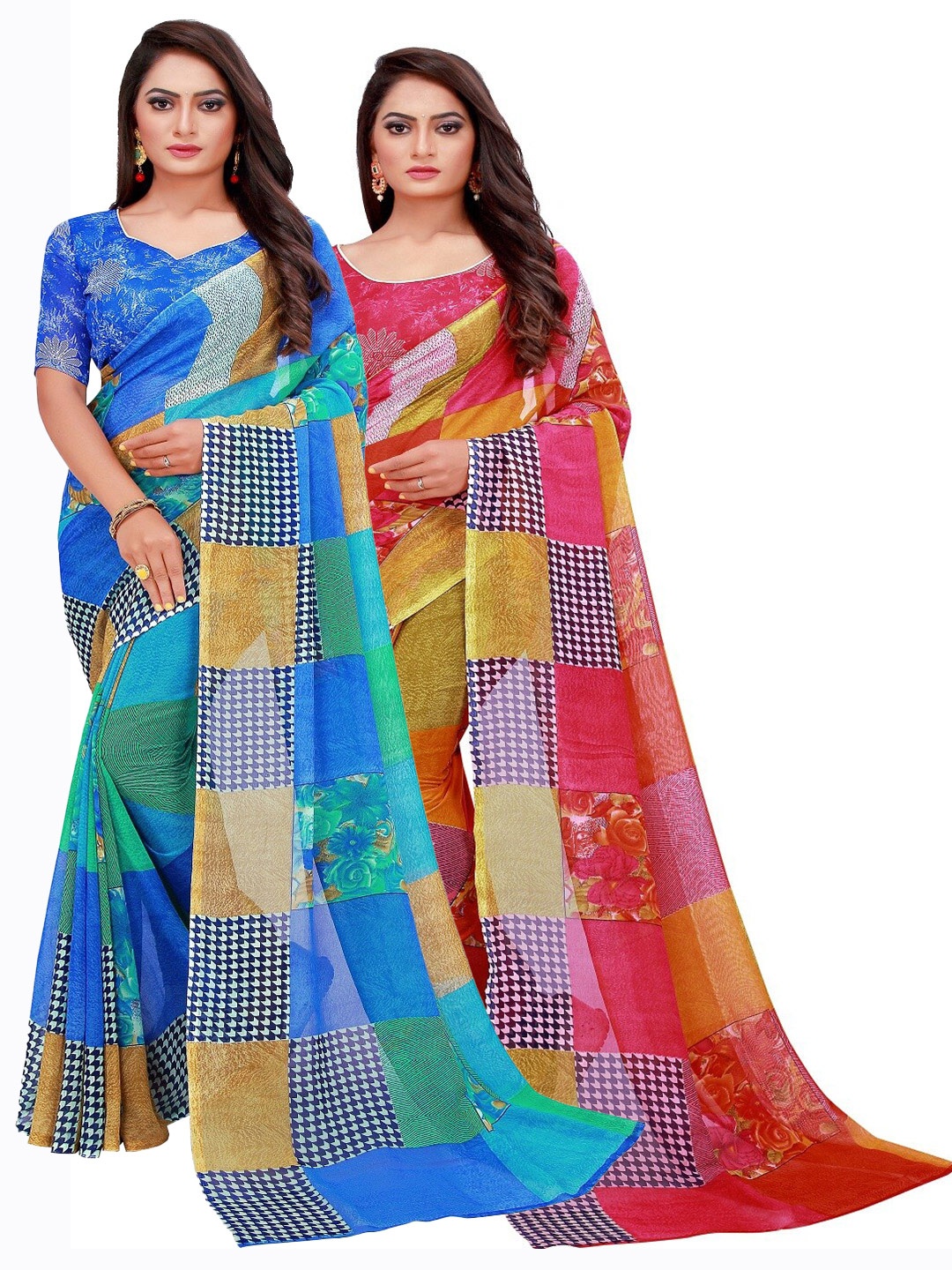 

Florence Red & Blue Geometric Print Pack of 2 Pure Georgette Saree