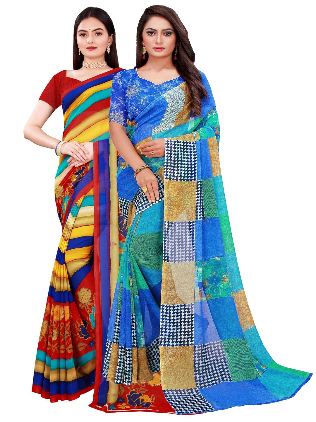 

Florence Multicoloured & Blue Pack Of 2 Pure Georgette Sarees, Multi