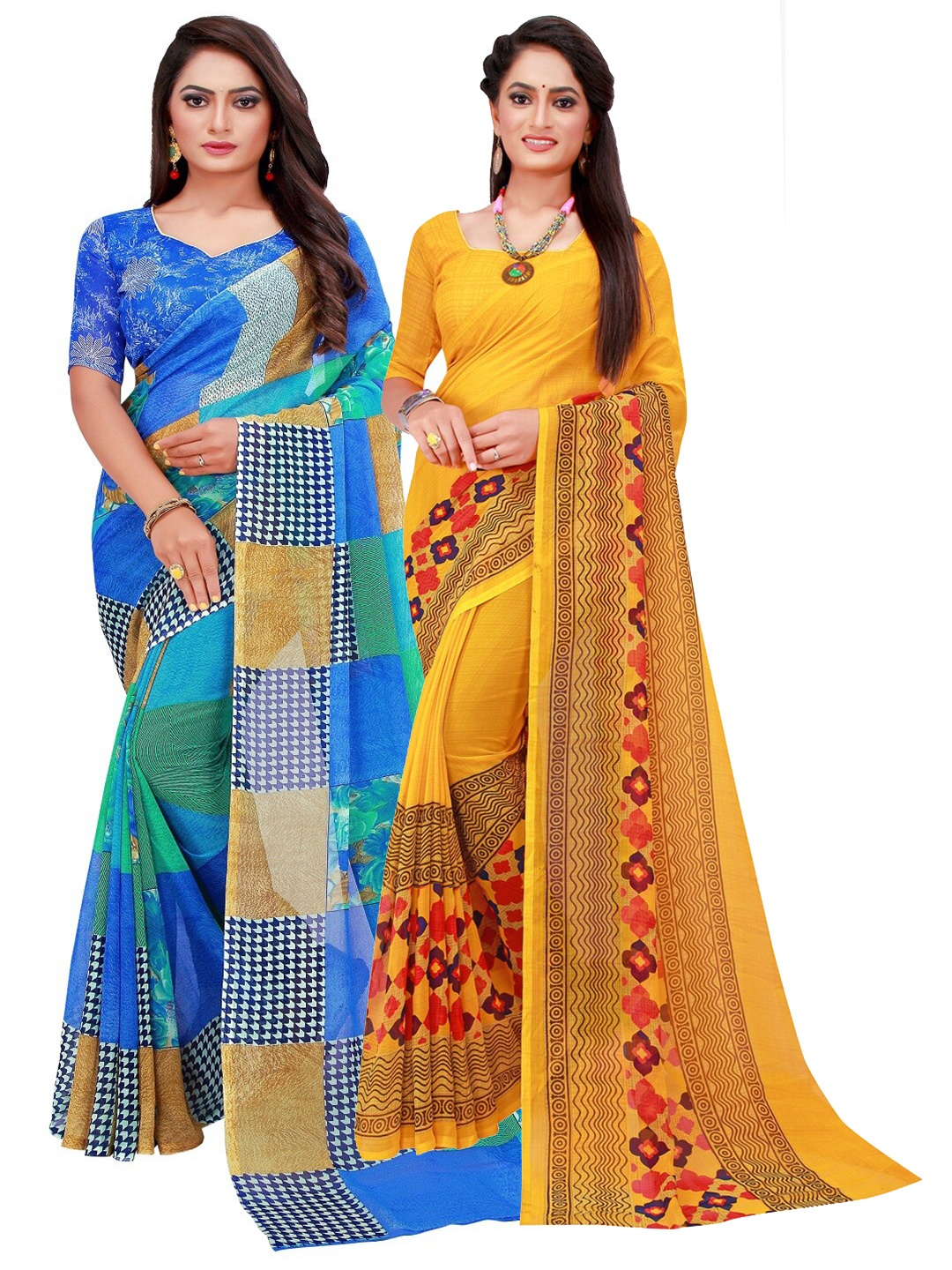 

Florence Blue & Yellow Geometric Print Pack of 2 Pure Georgette Saree