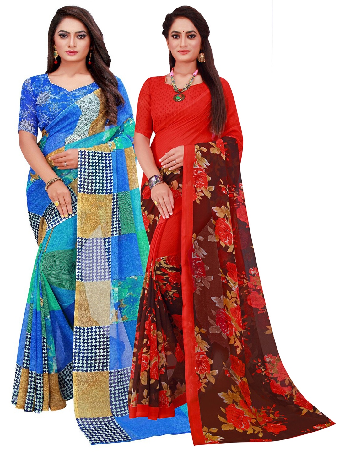 

Florence Blue & Red Floral Floral Pack of 2 Pure Georgette Saree