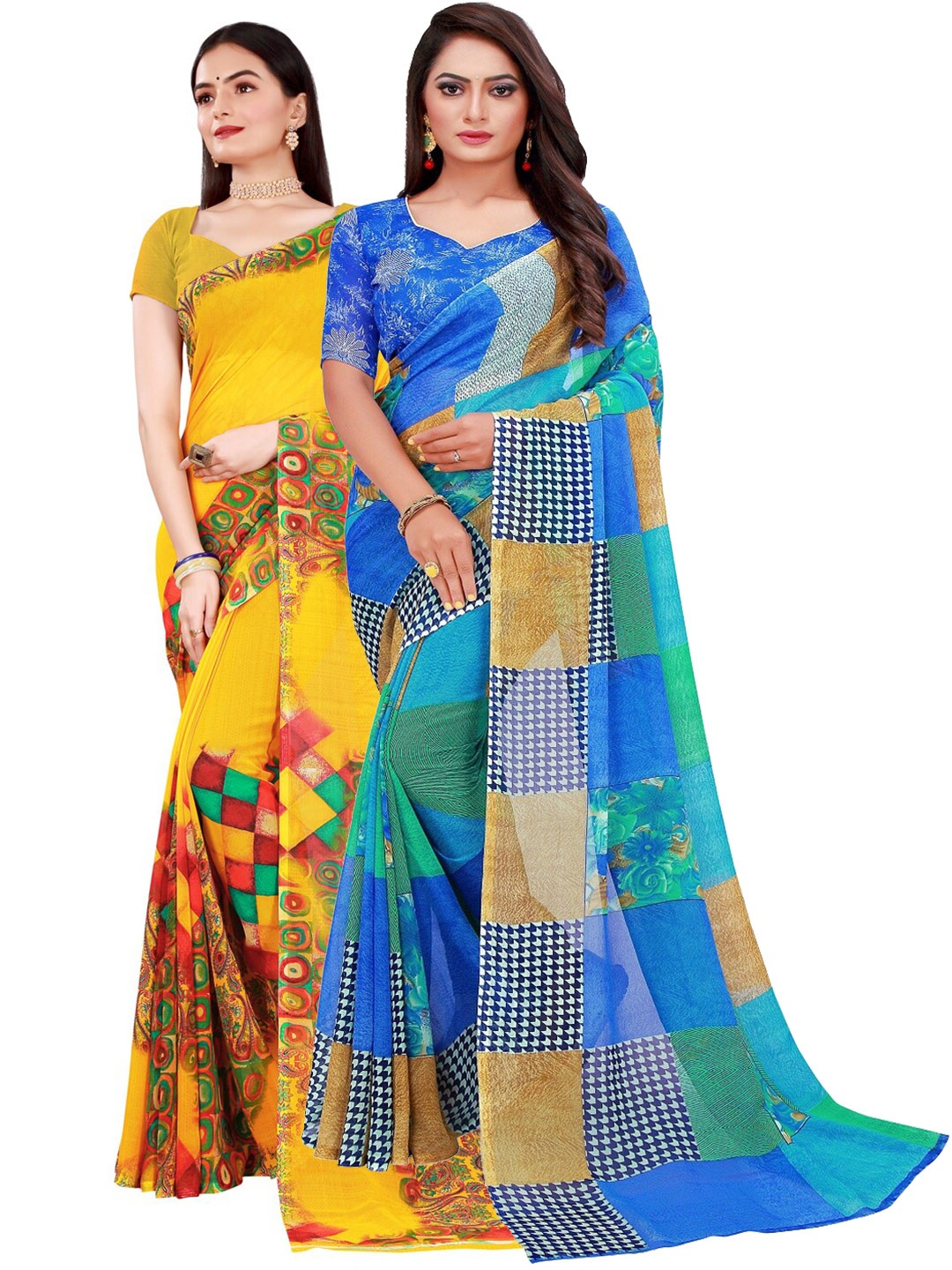

Florence Yellow & Blue Geometric Print Pack of 2 Pure Georgette Saree