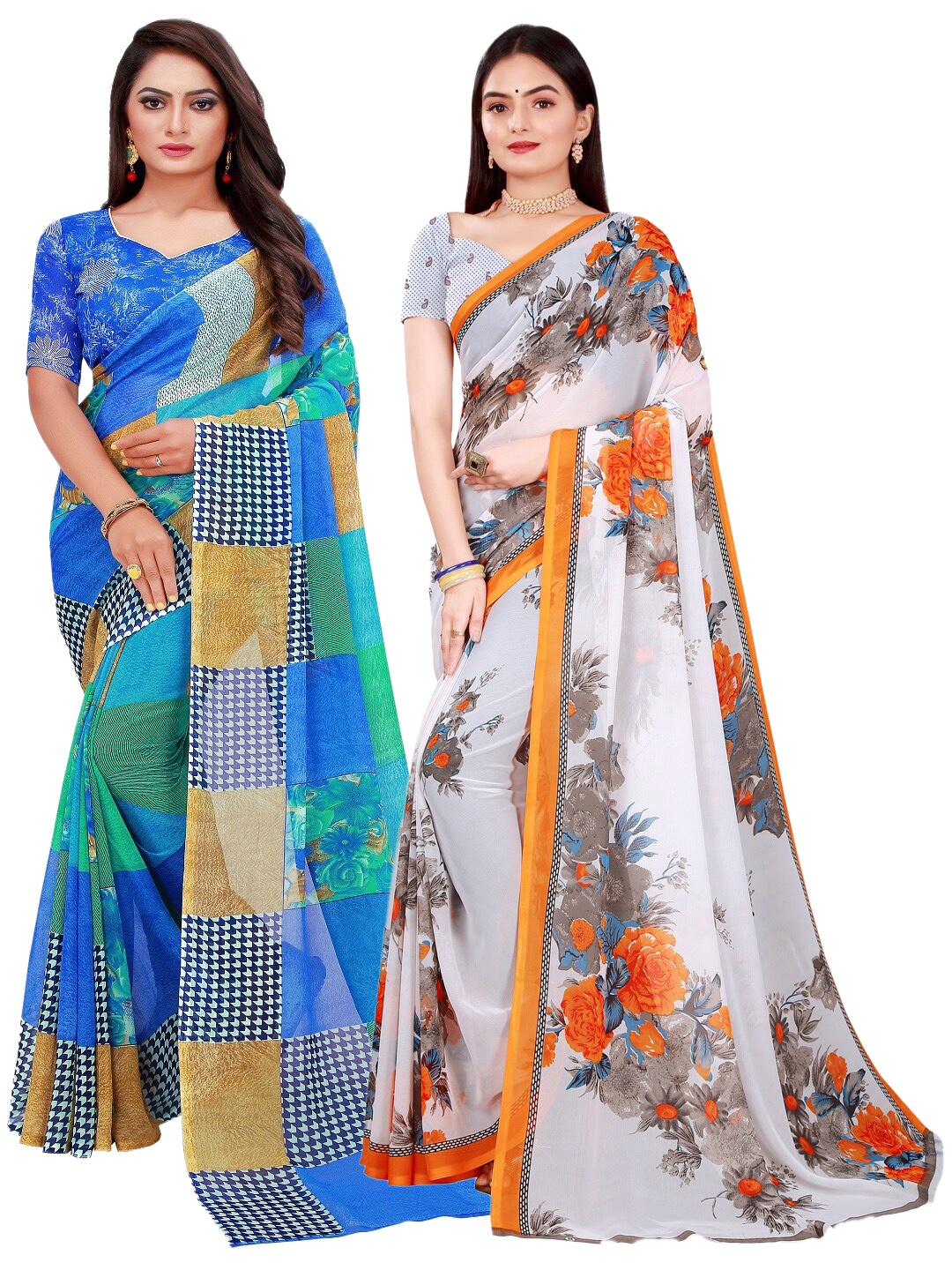 

Florence White & Blue Pack Of 2 Pure Georgette Sarees