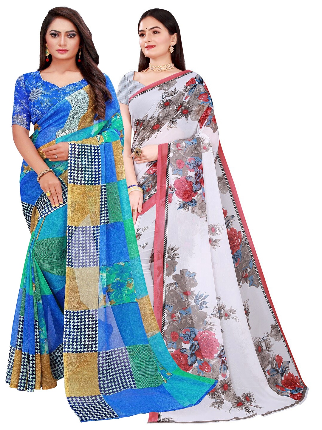 

Florence White & Blue Pack Of 2 Pure Georgette Sarees