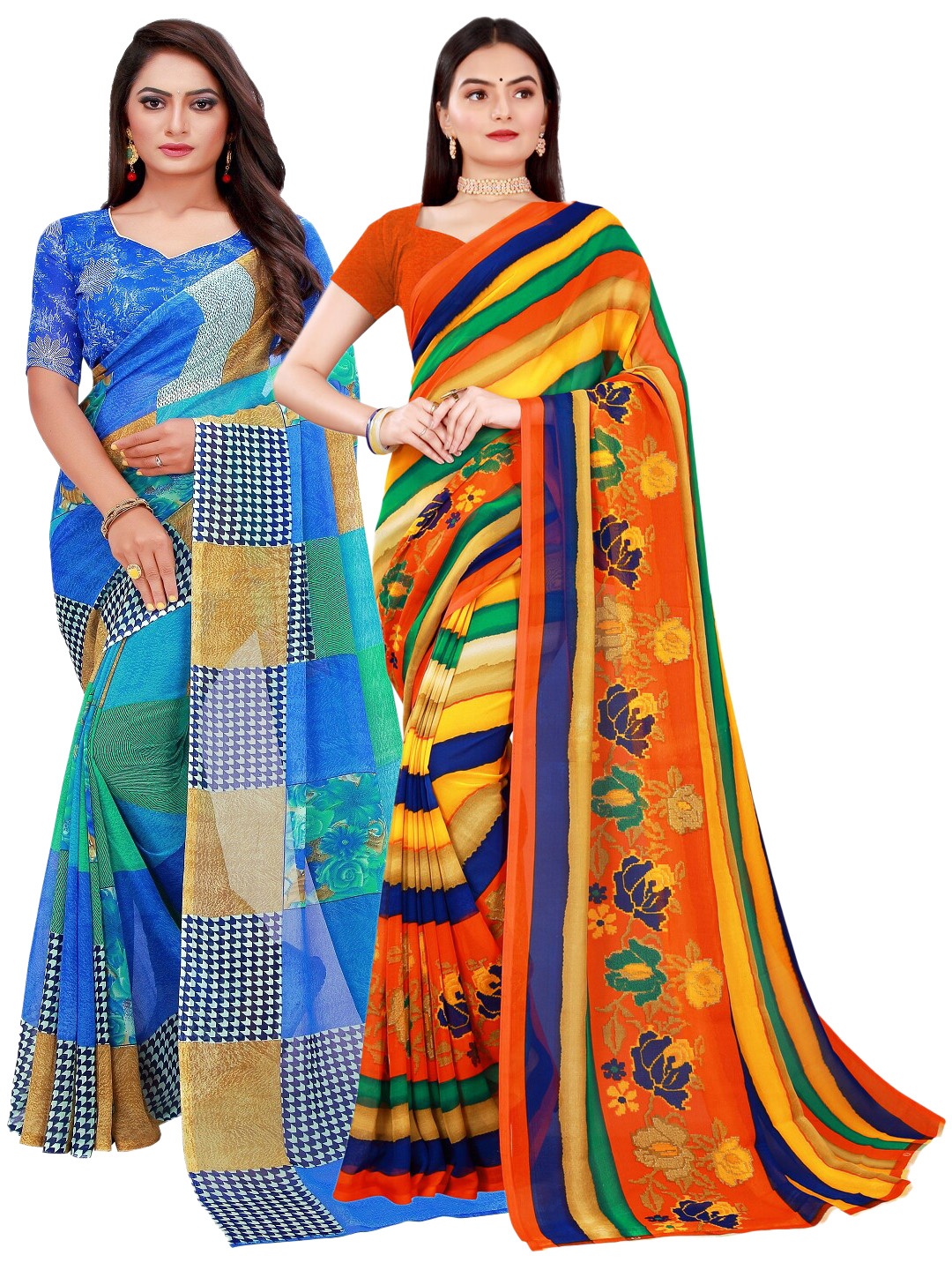 

Florence Orange & Blue Printed Pure Georgette Saree