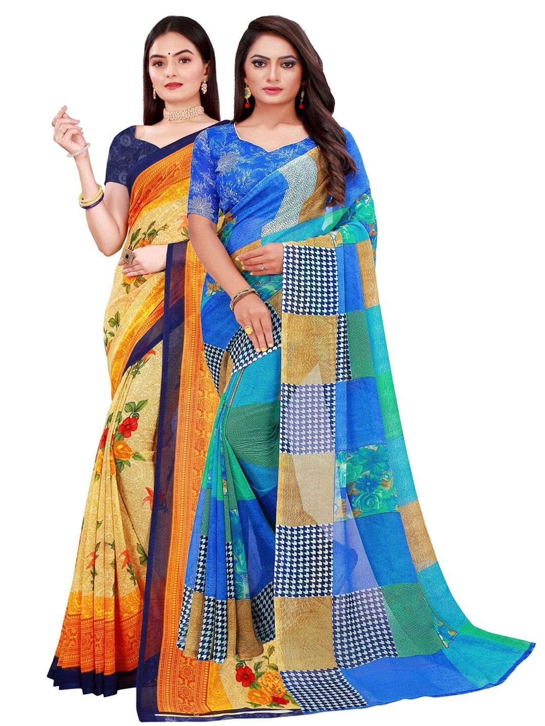 

Florence Yellow & Blue Printed Pure Georgette Saree