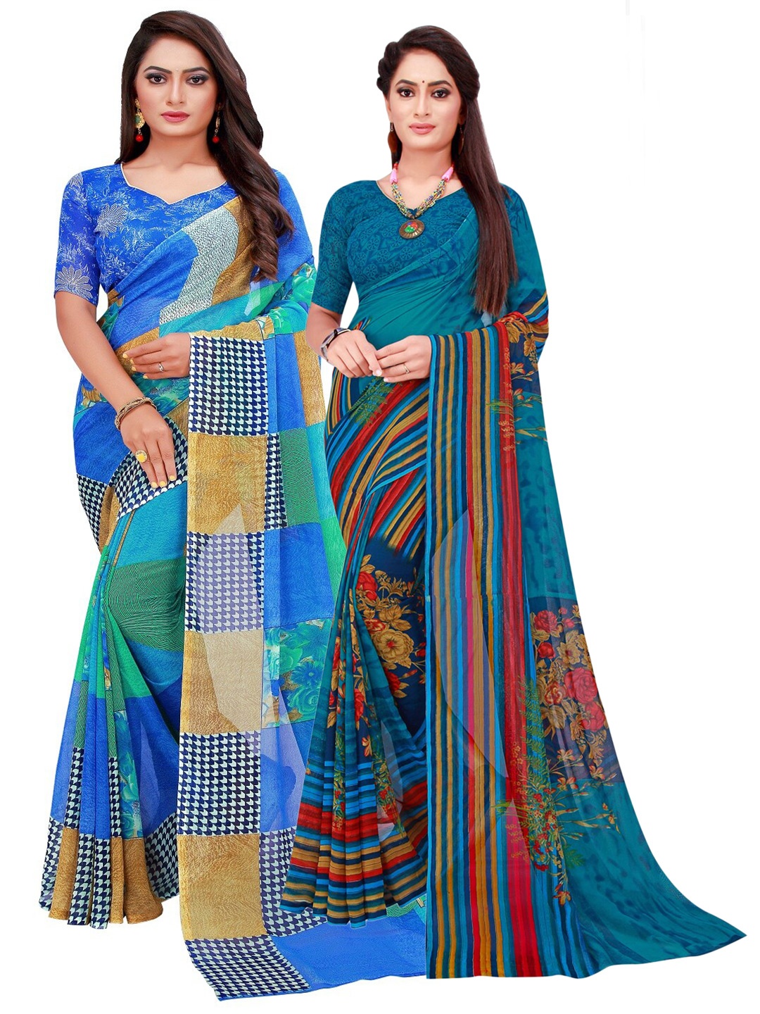 

Florence Blue & Teal Printed Pure Georgette Saree