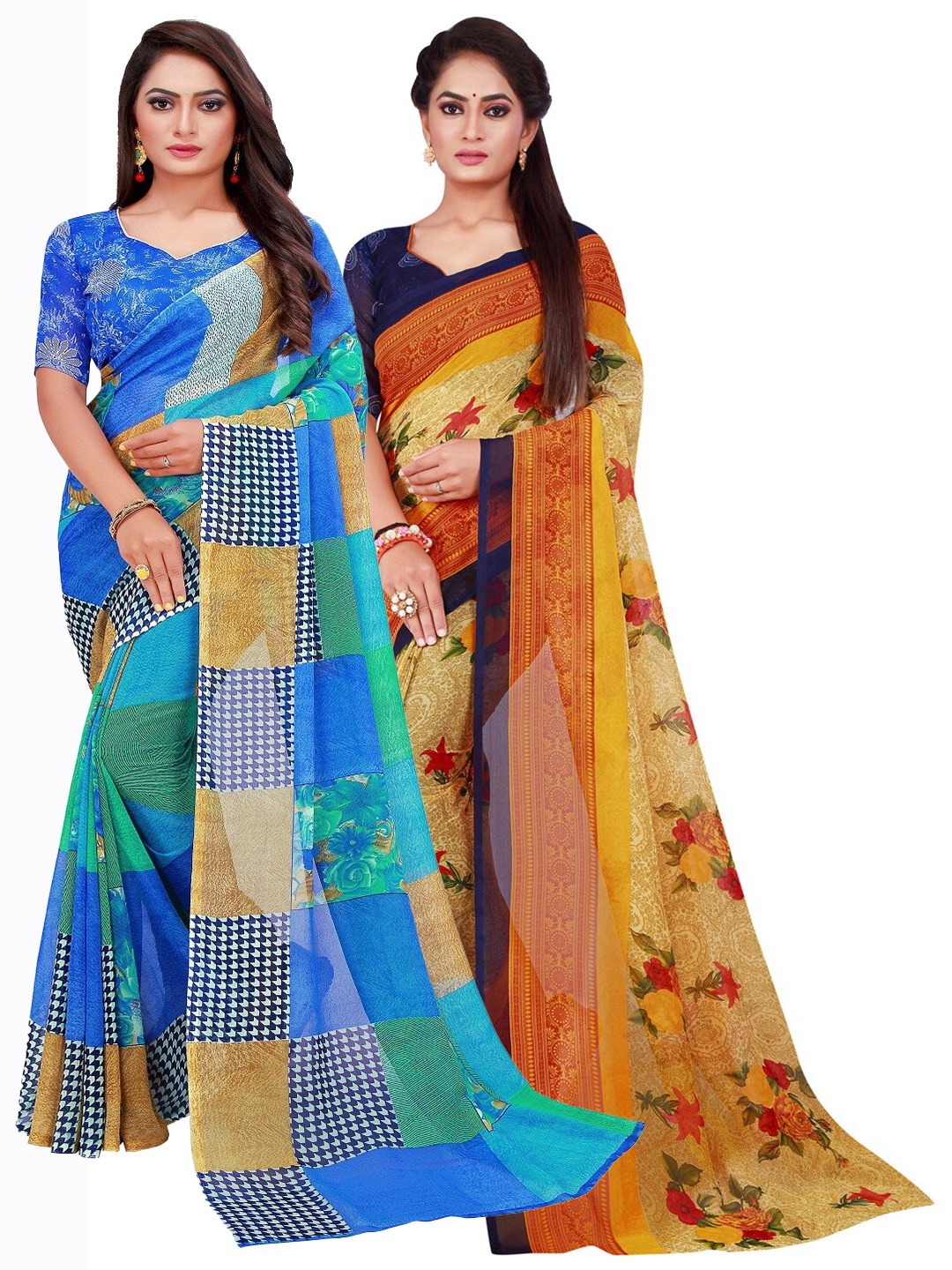 

Florence Blue & Yellow Printed Pure Georgette Saree