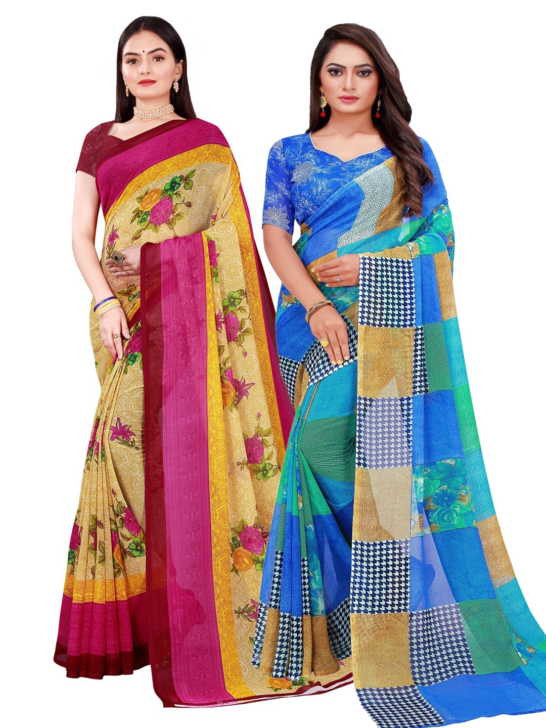 

Florence Beige & Blue Printed Pure Georgette Saree