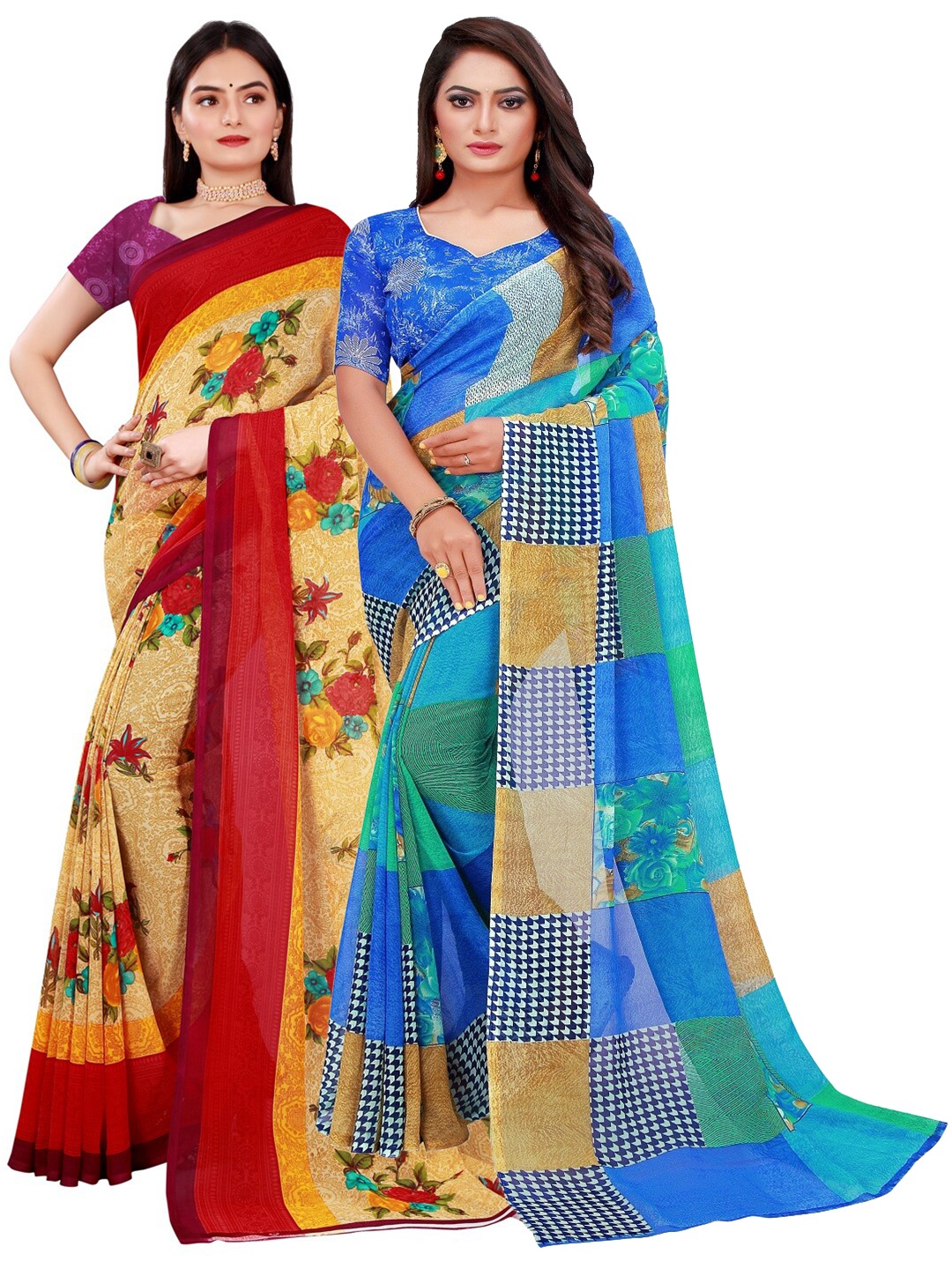 

Florence Beige & Blue Printed Pure Georgette Saree
