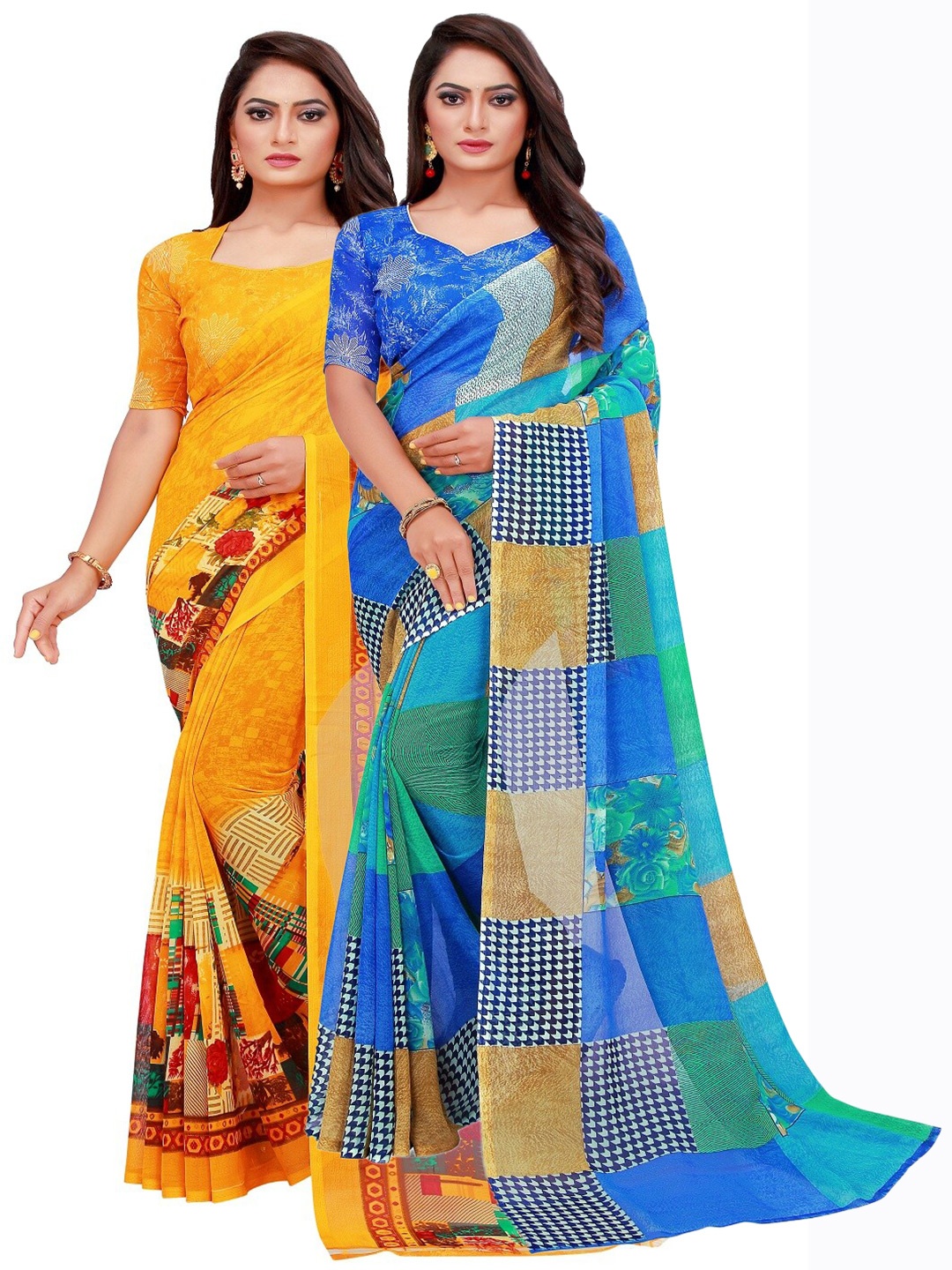 

Florence Blue & Yellow Printed Pure Georgette Saree