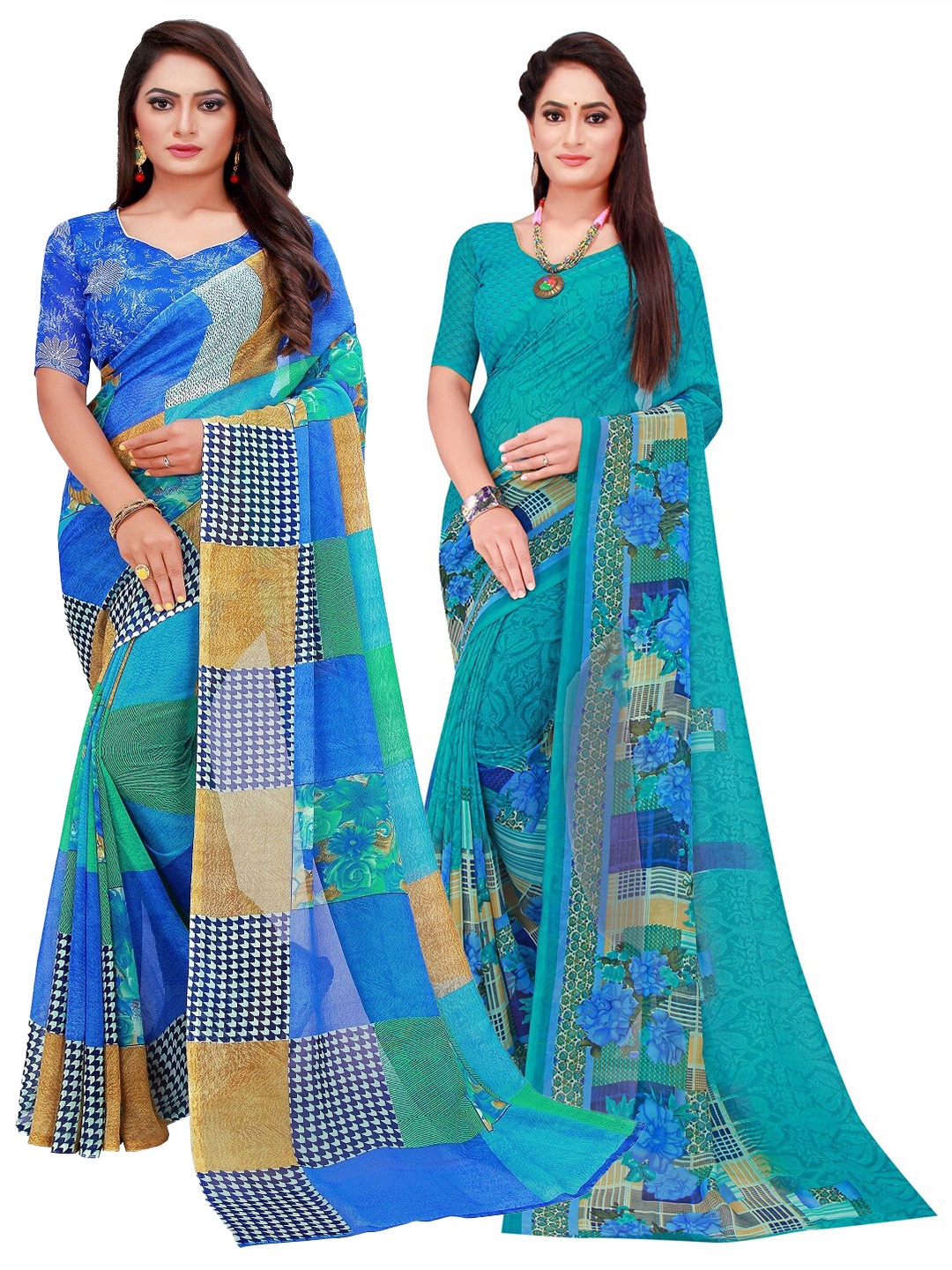 

Florence Teal & Beige Printed Pure Georgette Saree
