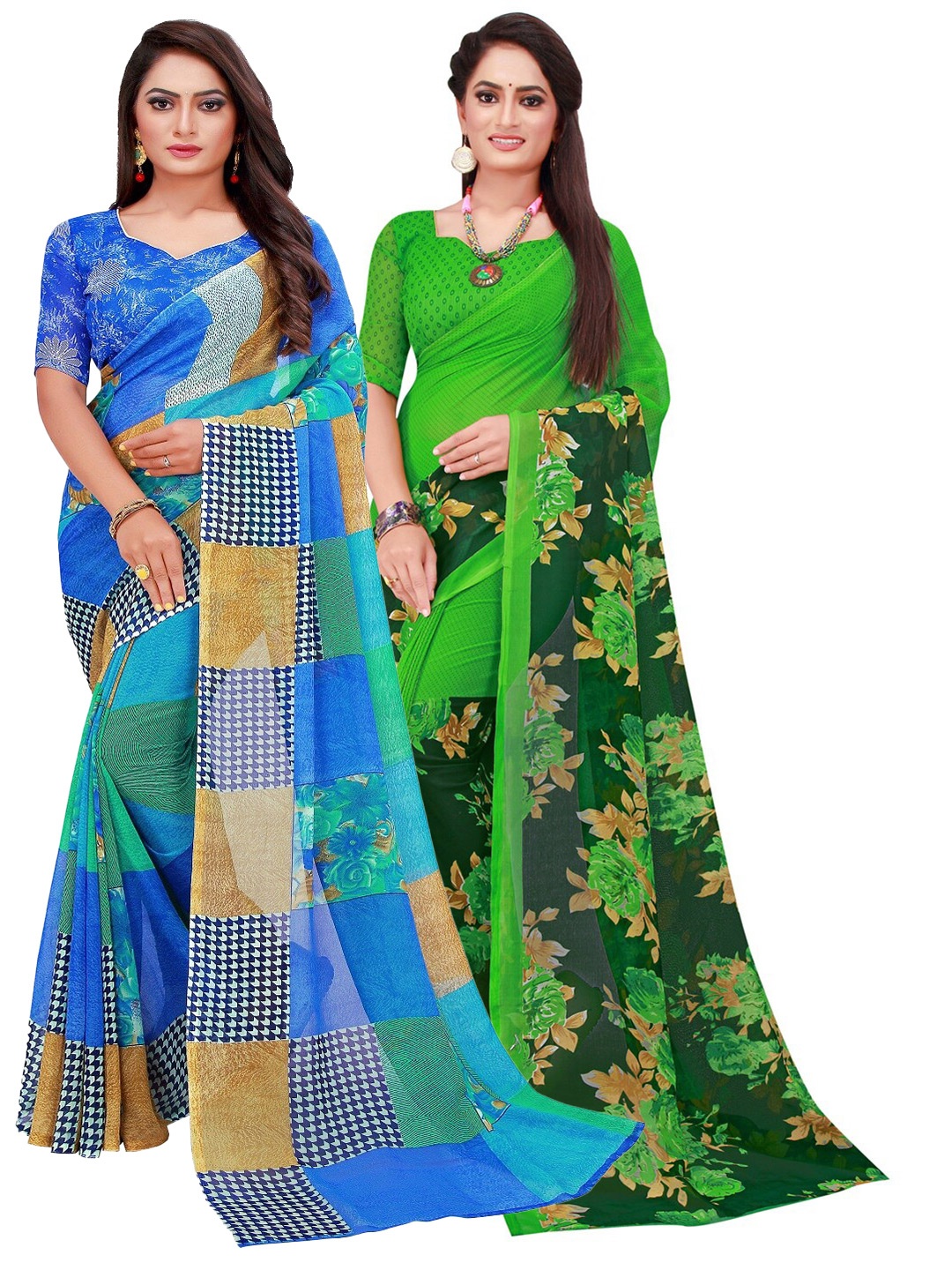 

Florence Blue & Green Printed Pure Georgette Saree